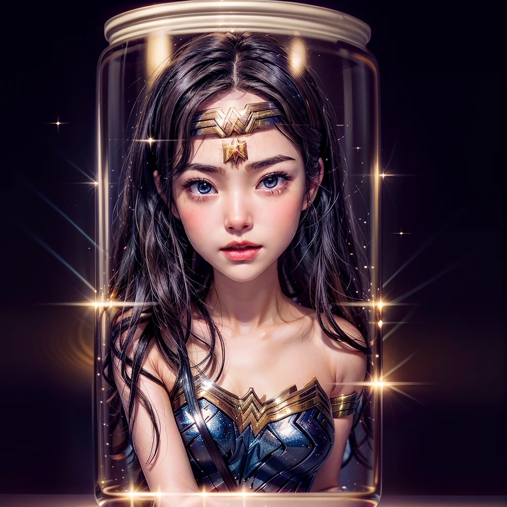High-level, 8K Masterpiece TopQuality, Ultra-detailed CG, Absurd detailed wallpaper, PerfectLighting, Extremely detailed (((Personifying " Sexy Wonder Woman " as a KAWAII Girl))), Characteristic Items, aesthetic LifeLike Rendering, MysticSight,
Haze Tyndall Scattering, (Studio GRAY Background with (Oodles Dazzling RainbowColorParticles (BokeH))), (((Assfocus)) RoundlyButts ThighGap), (Exposed:0.9) NSFW 🔞 BREAK (Acutance:0.8), (NOGIZAKA FaceVariations) Extremely Detailed very KAWAII FaceVariations, Childish CaptivatingGaze ElaboratePupils Detailed Eyes with (SparklingHighlights:1.28), (Voluminous LongEyelashes:0.88)、Glossy RedLips with beautiful details, CoquettishTongue, RosyCheeks, Radiant PearlSkin with Transparency, Glowing DowneyHair . { (Dynamic LifeLike expressions:1.4) | (:d) }, (large eyes:-1) .((lying forward in container))