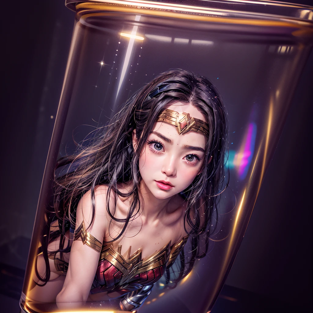 High-level, 8K Masterpiece TopQuality, Ultra-detailed CG, Absurd detailed wallpaper, PerfectLighting, Extremely detailed (((Personifying " Sexy Wonder Woman " as a KAWAII Girl))), Characteristic Items, aesthetic LifeLike Rendering, MysticSight, 
Haze Tyndall Scattering, (Studio GRAY Background with (Oodles Dazzling RainbowColorParticles (BokeH))), (((Assfocus)) RoundlyButts ThighGap),  (Exposed:0.9) NSFW 🔞  BREAK  (Acutance:0.8), (NOGIZAKA FaceVariations) Extremely Detailed very KAWAII FaceVariations, Childish CaptivatingGaze ElaboratePupils Detailed Eyes with (SparklingHighlights:1.28), (Voluminous LongEyelashes:0.88)、Glossy RedLips with beautiful details, CoquettishTongue, RosyCheeks, Radiant PearlSkin with Transparency, Glowing DowneyHair . { (Dynamic LifeLike expressions:1.4) | (:d) }, (large eyes:-1) .((lying forward in container))