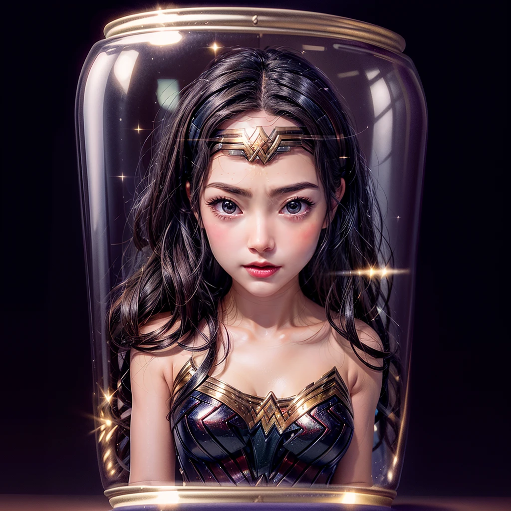 High-level, 8K Masterpiece TopQuality, Ultra-detailed CG, Absurd detailed wallpaper, PerfectLighting, Extremely detailed (((Personifying " Sexy Wonder Woman " as a KAWAII Girl))), Characteristic Items, aesthetic LifeLike Rendering, MysticSight,
Haze Tyndall Scattering, (Studio GRAY Background with (Oodles Dazzling RainbowColorParticles (BokeH))), (((Assfocus)) RoundlyButts ThighGap), (Exposed:0.9) NSFW 🔞 BREAK (Acutance:0.8), (NOGIZAKA FaceVariations) Extremely Detailed very KAWAII FaceVariations, Childish CaptivatingGaze ElaboratePupils Detailed Eyes with (SparklingHighlights:1.28), (Voluminous LongEyelashes:0.88)、Glossy RedLips with beautiful details, CoquettishTongue, RosyCheeks, Radiant PearlSkin with Transparency, Glowing DowneyHair . { (Dynamic LifeLike expressions:1.4) | (:d) }, (large eyes:-1) .((lying forward in container))