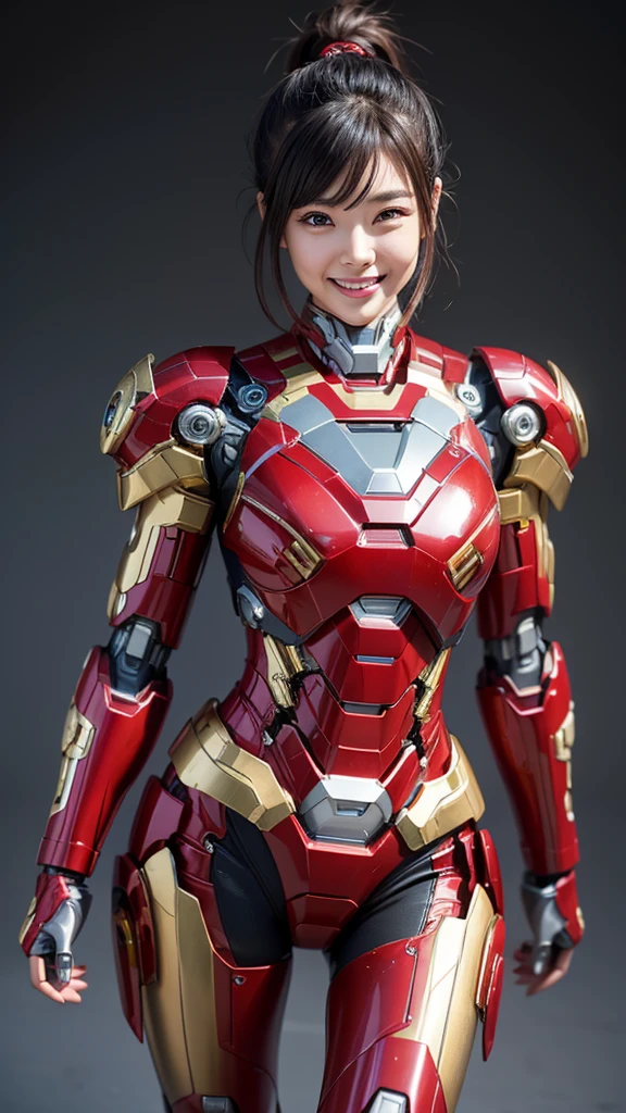 Textured skin, Super Detail, high details, High quality, Best Quality, hight resolution, 1080p, hard disk, Beautiful,(Iron Girl),Beautiful Smile,beautiful cyborg woman,Mecha Cyborg Girl,Battle Mode,Girl with a Mecha Body,She wears an Iron Man mech,powerful cyborg woman,