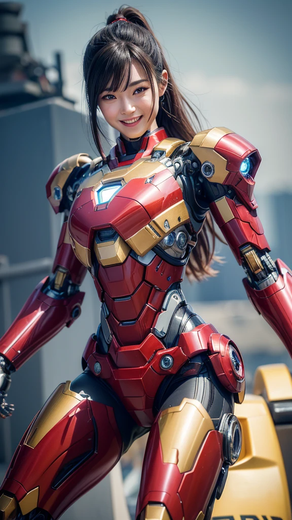 Textured skin, Super Detail, high details, High quality, Best Quality, hight resolution, 1080p, hard disk, Beautiful,(Iron Girl),Beautiful Smile,beautiful cyborg woman,Mecha Cyborg Girl,Battle Mode,Girl with a Mecha Body,She wears an Iron Man mech,powerful cyborg woman,