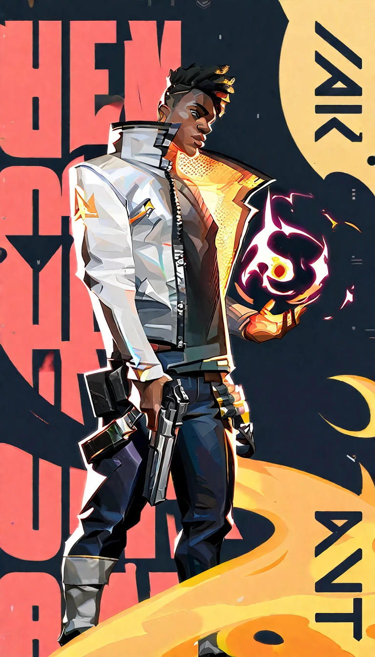 Valorant game phoenix character holding a laser gun, afrofuturism, white Jacket and black tshirt, fire on his hands, ultra quality, 8K