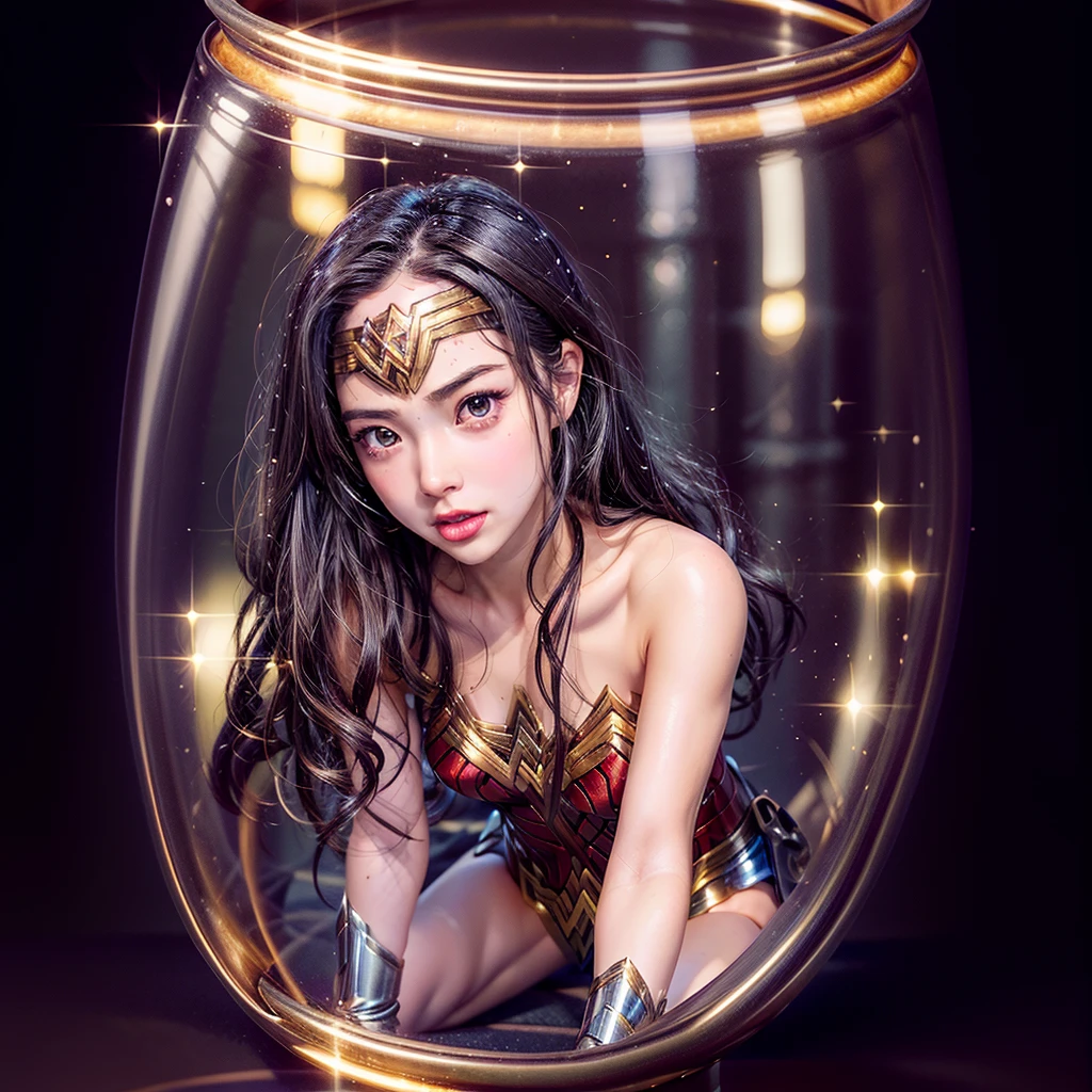 High-level, 8K Masterpiece TopQuality, Ultra-detailed CG, Absurd detailed wallpaper, PerfectLighting, Extremely detailed (((Personifying " Sexy Wonder Woman " as a KAWAII Girl))), Characteristic Items, aesthetic LifeLike Rendering, MysticSight,
Haze Tyndall Scattering, (Studio GRAY Background with (Oodles Dazzling RainbowColorParticles (BokeH))), (((Assfocus)) RoundlyButts ThighGap), (Exposed:0.9) NSFW 🔞 BREAK (Acutance:0.8), (NOGIZAKA FaceVariations) Extremely Detailed very KAWAII FaceVariations, Childish CaptivatingGaze ElaboratePupils Detailed Eyes with (SparklingHighlights:1.28), (Voluminous LongEyelashes:0.88)、Glossy RedLips with beautiful details, CoquettishTongue, RosyCheeks, Radiant PearlSkin with Transparency, Glowing DowneyHair . { (Dynamic LifeLike expressions:1.4) | (:d) }, (large eyes:-1) .(Sitting in container)
