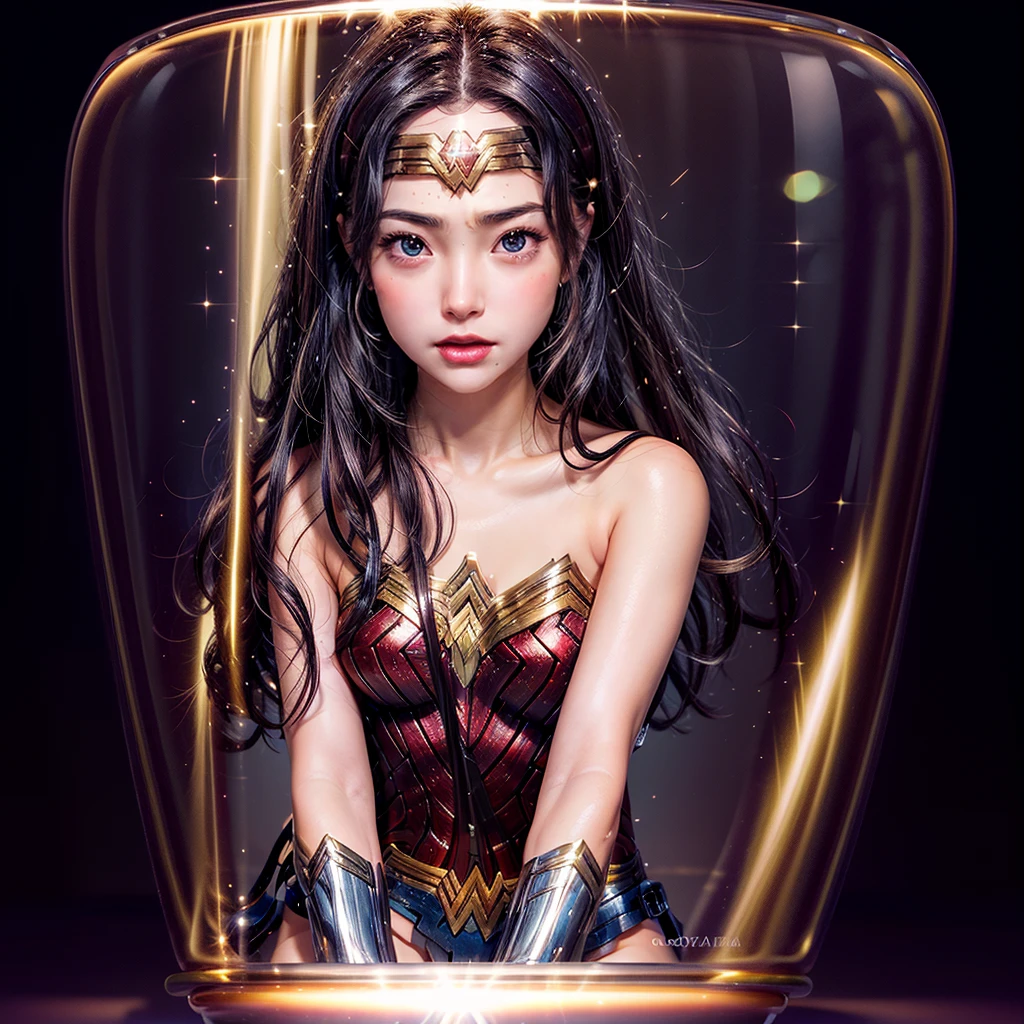 High-level, 8K Masterpiece TopQuality, Ultra-detailed CG, Absurd detailed wallpaper, PerfectLighting, Extremely detailed (((Personifying " Sexy Wonder Woman " as a KAWAII Girl))), Characteristic Items, aesthetic LifeLike Rendering, MysticSight, 
Haze Tyndall Scattering, (Studio GRAY Background with (Oodles Dazzling RainbowColorParticles (BokeH))), (((Assfocus)) RoundlyButts ThighGap),  (Exposed:0.9) NSFW 🔞  BREAK  (Acutance:0.8), (NOGIZAKA FaceVariations) Extremely Detailed very KAWAII FaceVariations, Childish CaptivatingGaze ElaboratePupils Detailed Eyes with (SparklingHighlights:1.28), (Voluminous LongEyelashes:0.88)、Glossy RedLips with beautiful details, CoquettishTongue, RosyCheeks, Radiant PearlSkin with Transparency, Glowing DowneyHair . { (Dynamic LifeLike expressions:1.4) | (:d) }, (large eyes:-1) .(Sitting in container)