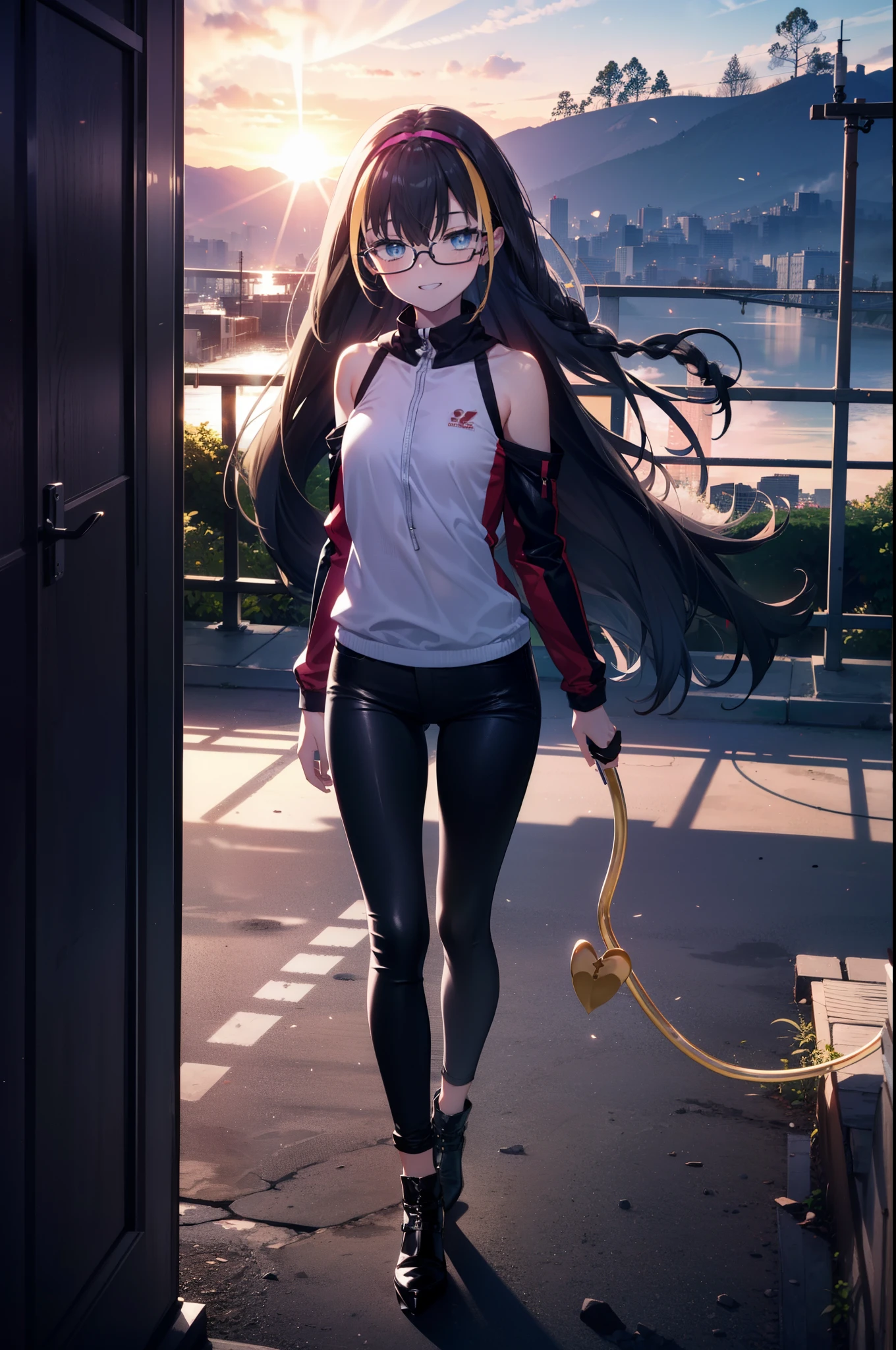 small, small, Black Hair, blue eyes, demon tail, hair band, Long Hair, mechanical tail, Multicolored Hair, tail, smile,Grin,tooth,Black-rimmed glasses,Cold shoulder tops,skinny pants,Stiletto heels,morning,morning陽,The sun is rising,Walking,whole bodyがイラストに入るように,
break looking at viewer, whole body,
break outdoors,Building district,
break (masterpiece:1.2), Highest quality, High resolution, unity 8k wallpaper, (figure:0.8), (beautiful detailed eyes:1.6), extremely detailed face, Perfect lighting, extremely detailed CG, (Perfect hands, Perfect Anatomy),