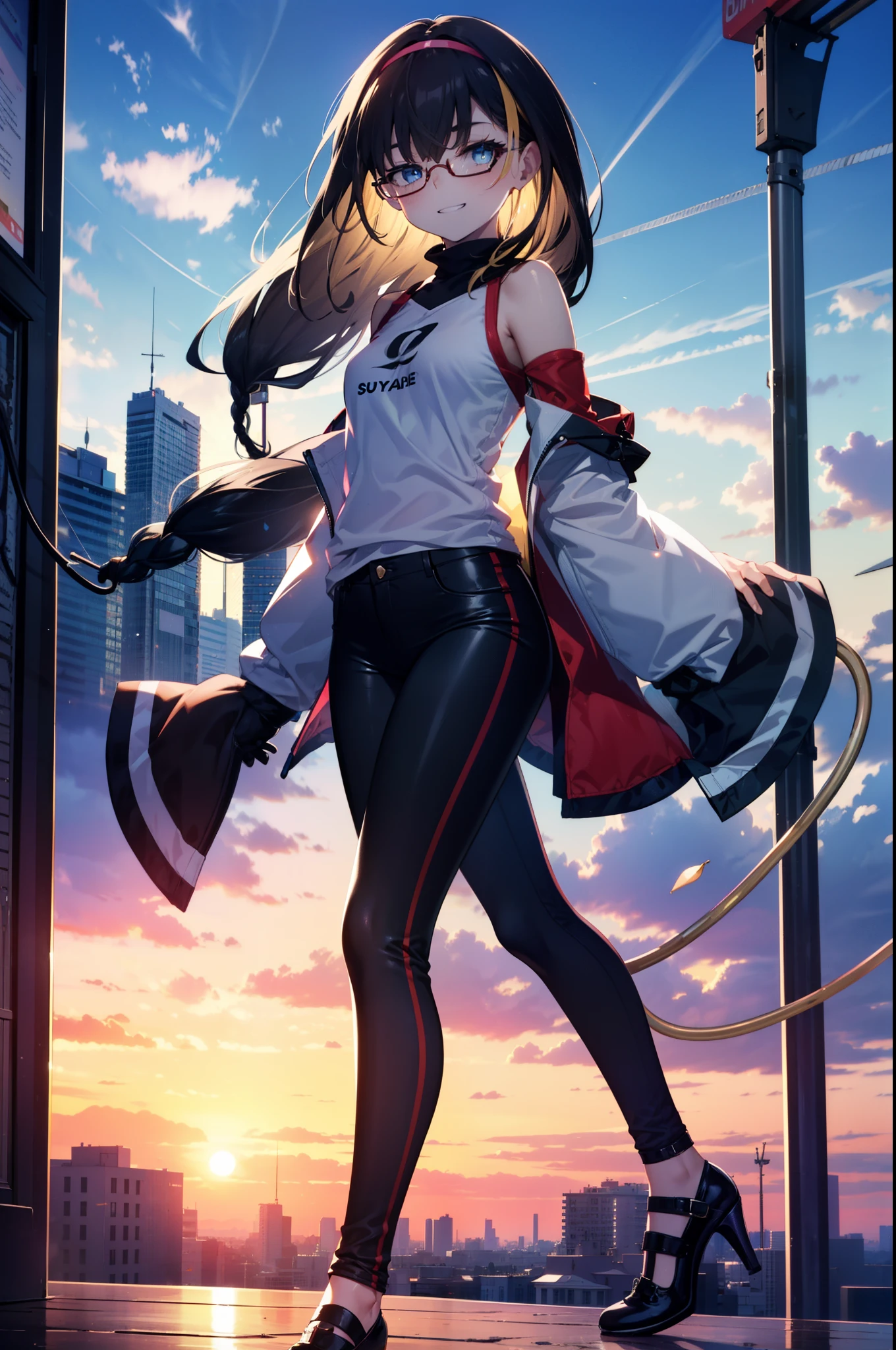 small, small, Black Hair, blue eyes, demon tail, hair band, Long Hair, mechanical tail, Multicolored Hair, tail, smile,Grin,tooth,Black-rimmed glasses,Cold shoulder tops,skinny pants,Stiletto heels,morning,morning陽,The sun is rising,Walking,whole bodyがイラストに入るように,
break looking at viewer, whole body,
break outdoors,Building district,
break (masterpiece:1.2), Highest quality, High resolution, unity 8k wallpaper, (figure:0.8), (beautiful detailed eyes:1.6), extremely detailed face, Perfect lighting, extremely detailed CG, (Perfect hands, Perfect Anatomy),