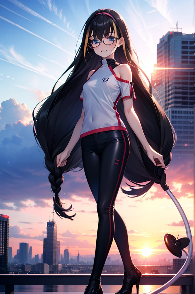 small, small, Black Hair, blue eyes, demon tail, hair band, Long Hair, mechanical tail, Multicolored Hair, tail, smile,Grin,tooth,Black-rimmed glasses,Cold shoulder tops,Short sleeve,skinny pants,Stiletto heels,morning,morning陽,The sun is rising,Walking,whole bodyがイラストに入るように,
break looking at viewer, whole body,
break outdoors,Building district,
break (masterpiece:1.2), Highest quality, High resolution, unity 8k wallpaper, (figure:0.8), (beautiful detailed eyes:1.6), extremely detailed face, Perfect lighting, extremely detailed CG, (Perfect hands, Perfect ???????),