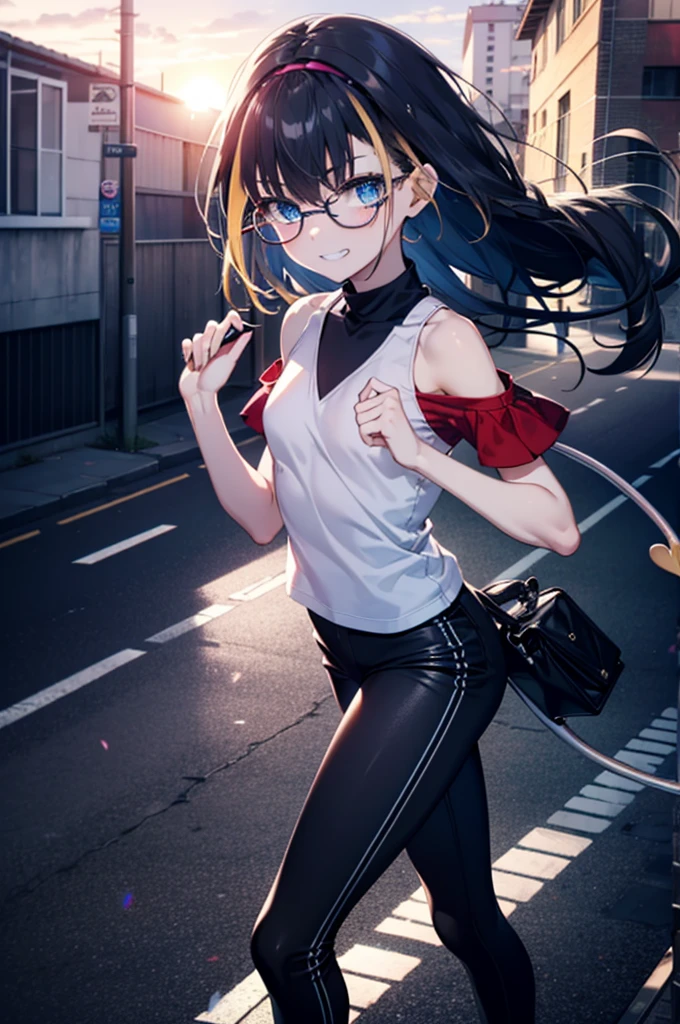 small, small, Black Hair, blue eyes, demon tail, hair band, Long Hair, mechanical tail, Multicolored Hair, tail, smile,Grin,tooth,Black-rimmed glasses,Cold shoulder tops,Short sleeve,skinny pants,Stiletto heels,morning,morning陽,The sun is rising,Walking,whole bodyがイラストに入るように,
break looking at viewer, whole body,
break outdoors,Building district,
break (masterpiece:1.2), Highest quality, High resolution, unity 8k wallpaper, (figure:0.8), (beautiful detailed eyes:1.6), extremely detailed face, Perfect lighting, extremely detailed CG, (Perfect hands, Perfect Anatomy),