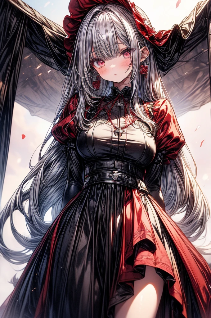 ((best quality)) ((best quality)), ((masterpiece)), (detailed), 4k image, anime style, beautiful young girl, age girl, tanned white skin skin, symmetrical face, beautiful young girl, tanned white skin, waist-length silver-red colored hair with red highlights at the edges, soft facial features, heterochromatic eyes, (left eye: silver)(right eye: red), long elegant sundress, cherry red plump lips, large E-cup breasts, short height(150cm). wide hips and large round ass,