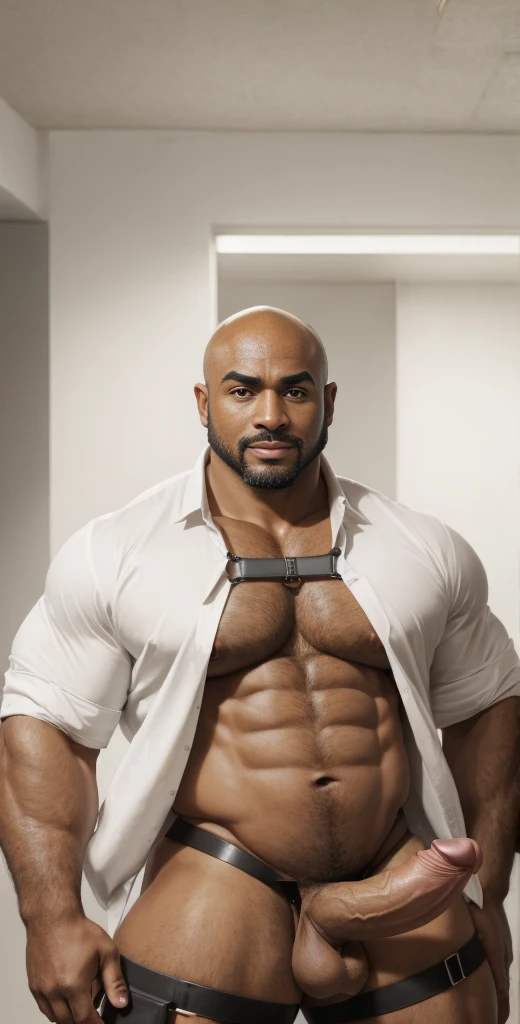 1boy, African American, solo, facial hair,34 yrs old, dom, male focus, flaccid penis, bald head, pectorals, bara, muscular, mature male, muscular male, abs, beard, ring nipples, chest harness, short hair, navel, stomach, large pectorals, thick eyebrows, bare pectorals, dark-skinned male, erection, thighs, erection under clothes, fancy suit, dark skin, tie, open shirt, jacket, grey business suit, pectoral cleavage, cowboy shot, cop agent uniform, feet out of frame, thick thighs, looking at viewer, masterpiece, 4k, high quality, highres, absurdres,