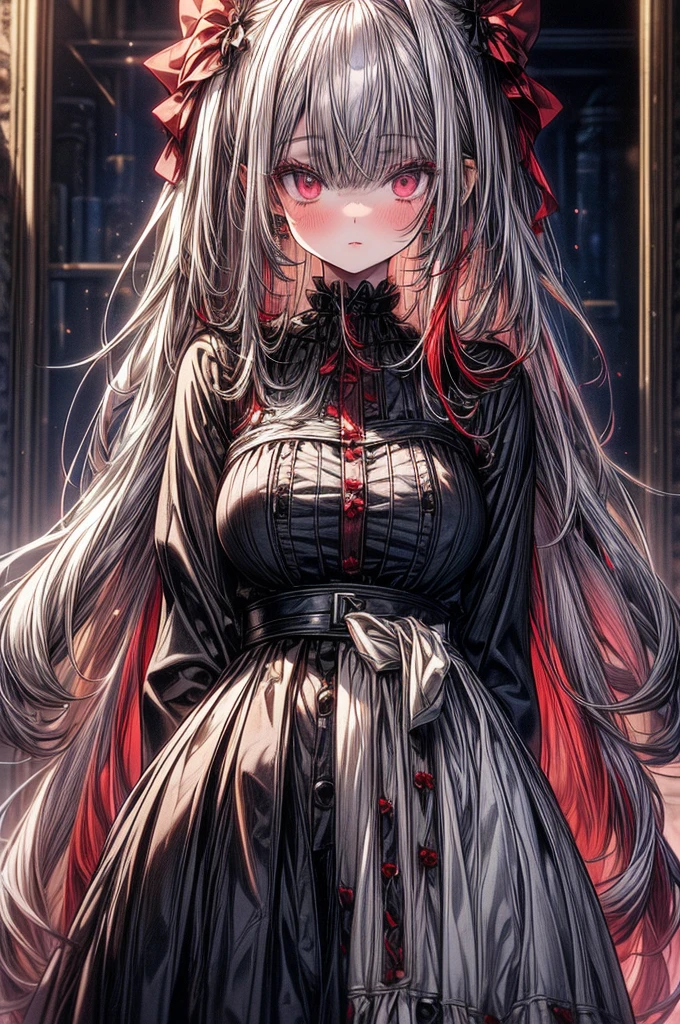 ((best quality)) ((best quality)), ((masterpiece)), (detailed), 4k image, anime style, beautiful young girl, teenage girl, tanned white skin skin, symmetrical face, beautiful young girl, tanned white skin, waist-length silver-red colored hair with red highlights at the edges, soft facial features, heterochromatic eyes, (left eye: silver)(right eye: red), long gothic sundress, cherry red plump lips, large E-cup breasts, short height(150cm). wide hips and large round ass,
