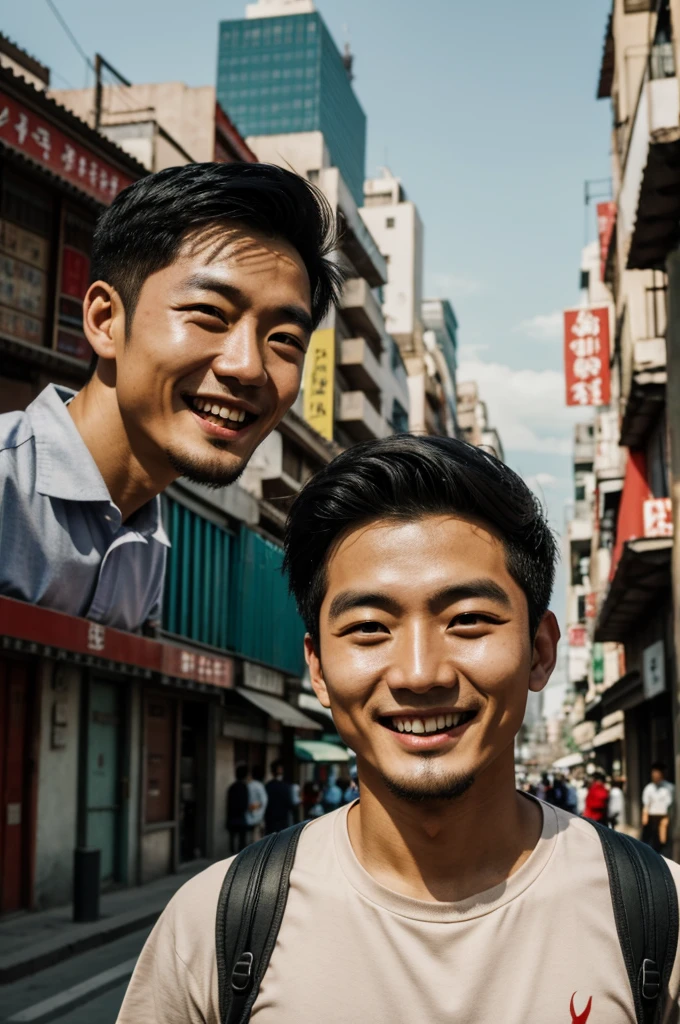 chico coreano con ojos rojo intenso, sonrisa macabra, piel opaca, caminando por las calles y de fondo se ve la ciudad