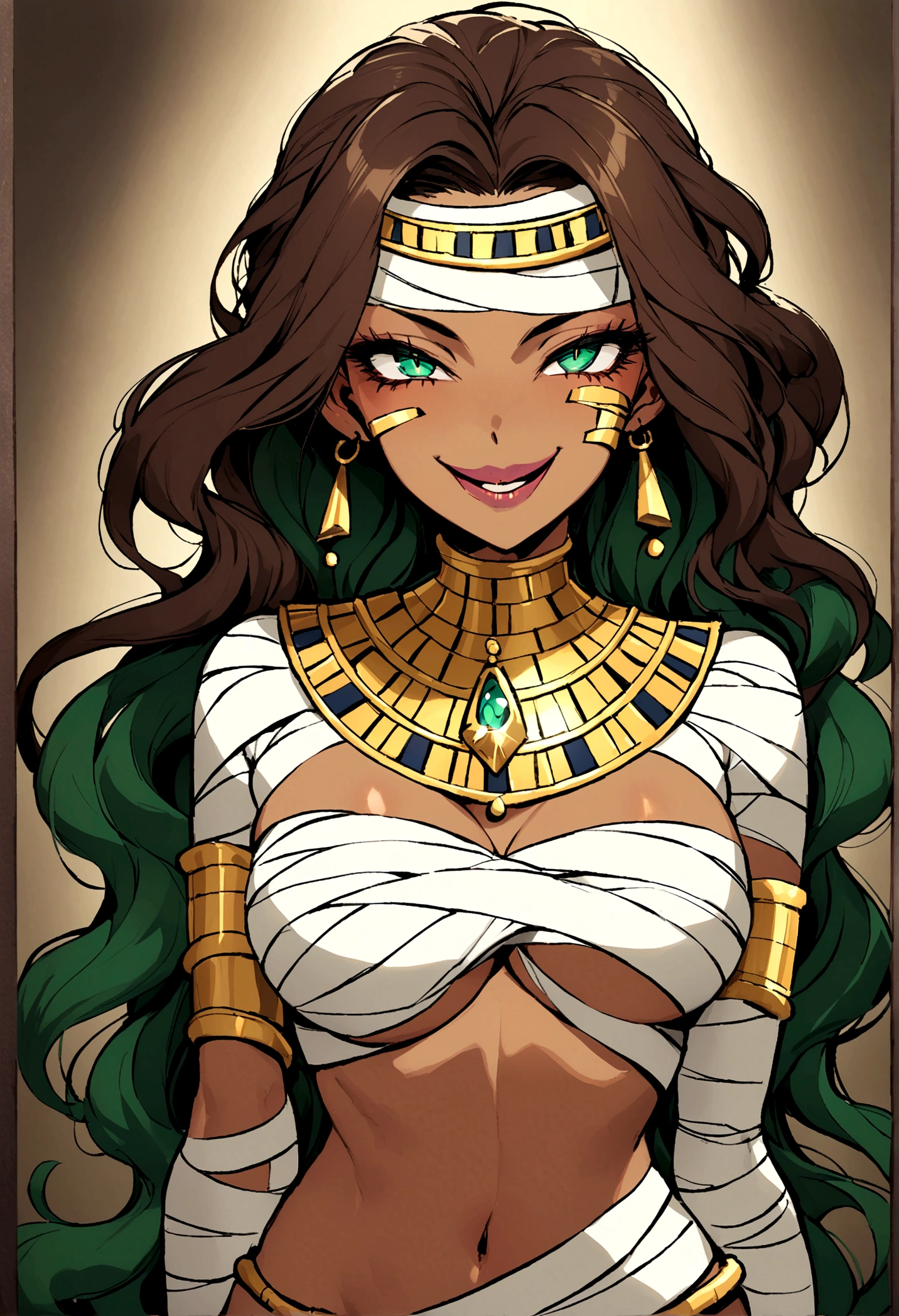 Woman,tan skin,captivating deep green eyes, devoted eyes. Chestnut brown long wavy hair. Volumptious body. Covered in bandages like a mummy. Revealing clothes, . She wears golden jewelry. Giggling. Evil smile, egyptian style clothing, egyptian style hairstyle