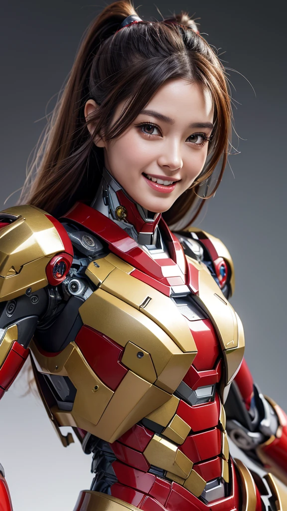 Textured skin, Super Detail, high details, High quality, Best Quality, hight resolution, 1080p, hard disk, Beautiful,(Iron Girl),Beautiful Smile,beautiful cyborg woman,Mecha Cyborg Girl,Battle Mode,Girl with a Mecha Body,She wears an Iron Man mech,powerful cyborg woman,