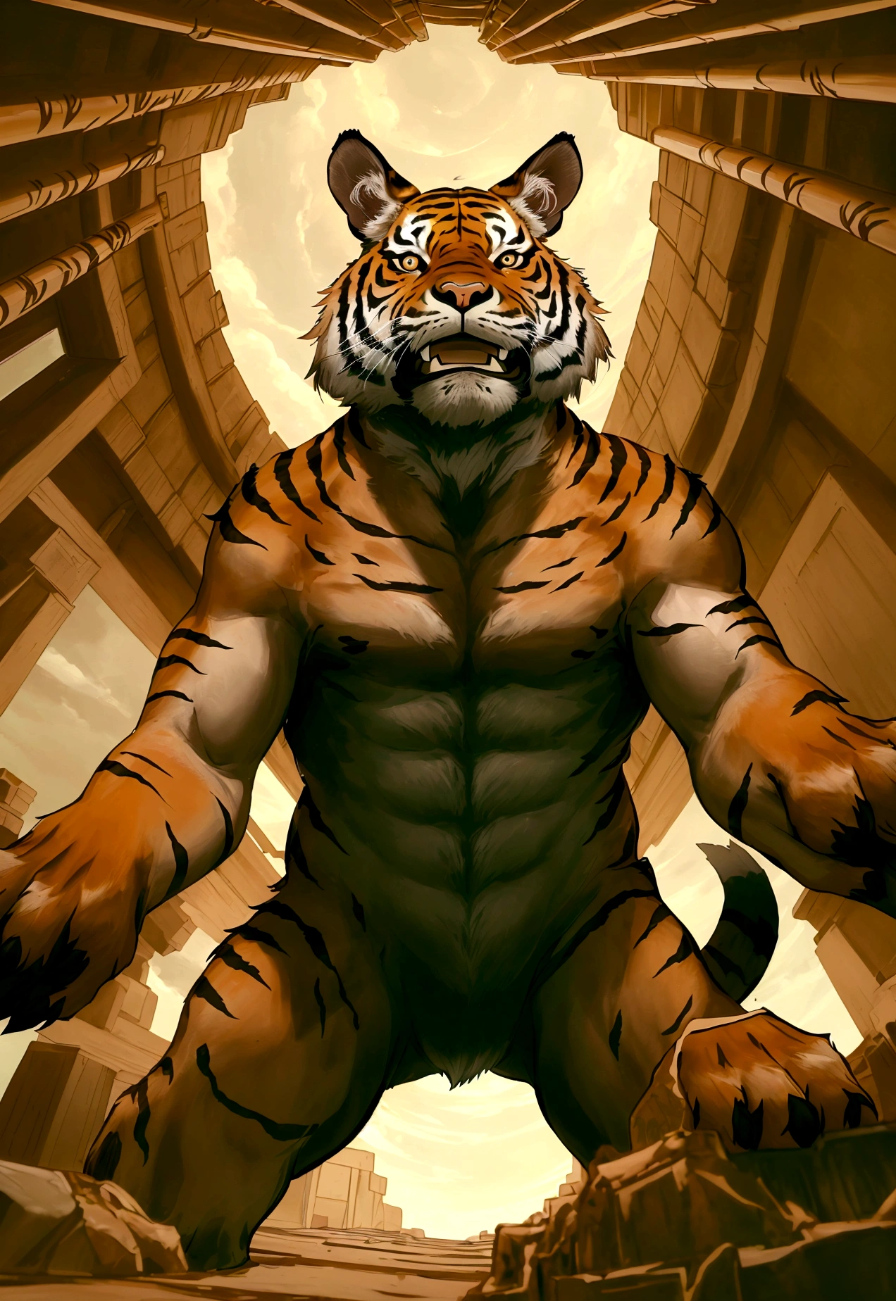  an image from the perspective of a tiger trapped in a pit, looking up. The viewpoint should be from the bottom of the pit, showing the tiger's gaze upward. Above the pit, there should be a man and a rabbit looking down at the tige