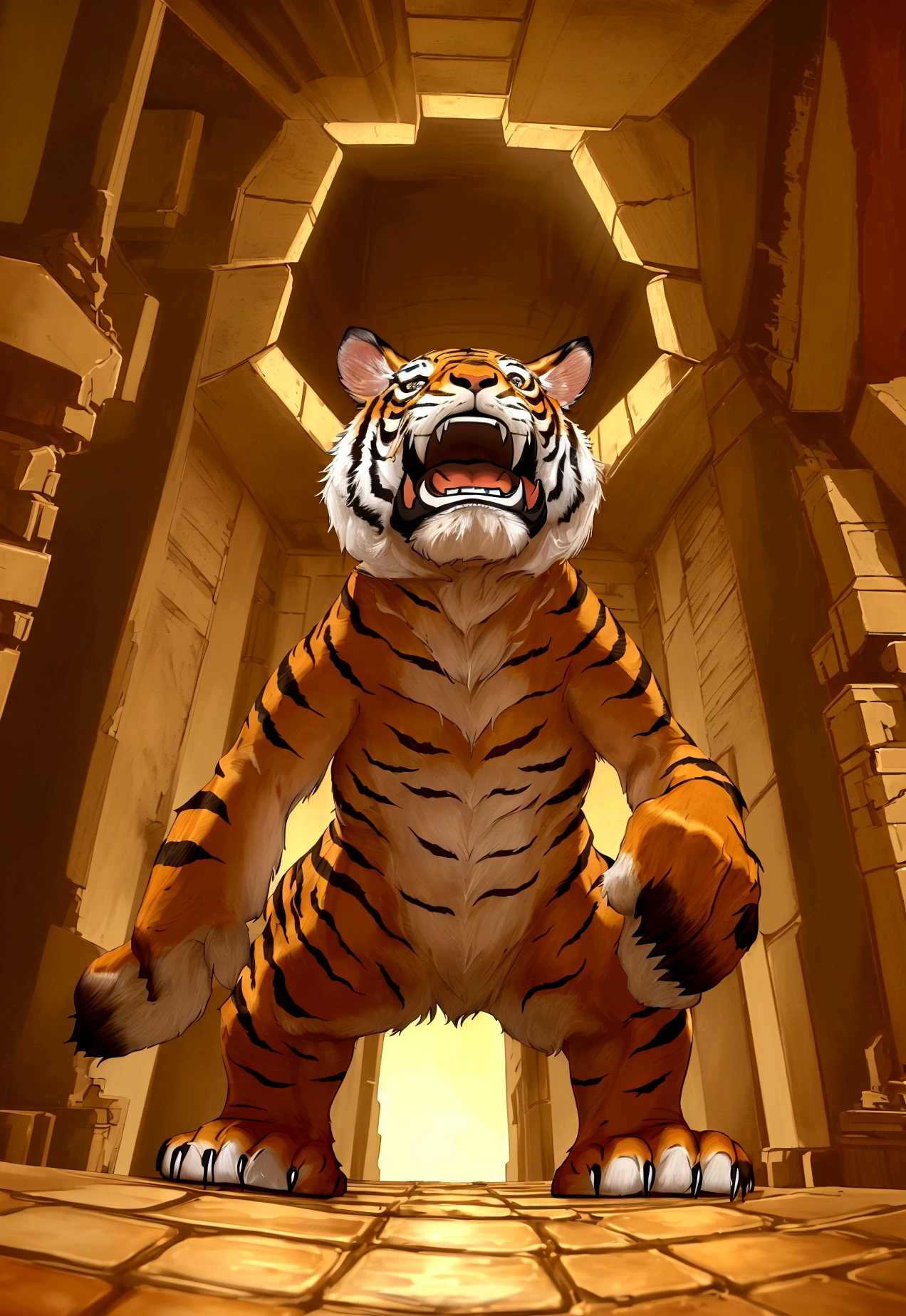  an image from the perspective of a tiger trapped in a pit, looking up. The viewpoint should be from the bottom of the pit, showing the tiger's gaze upward. Above the pit, there should be a man and a rabbit looking down at the tige