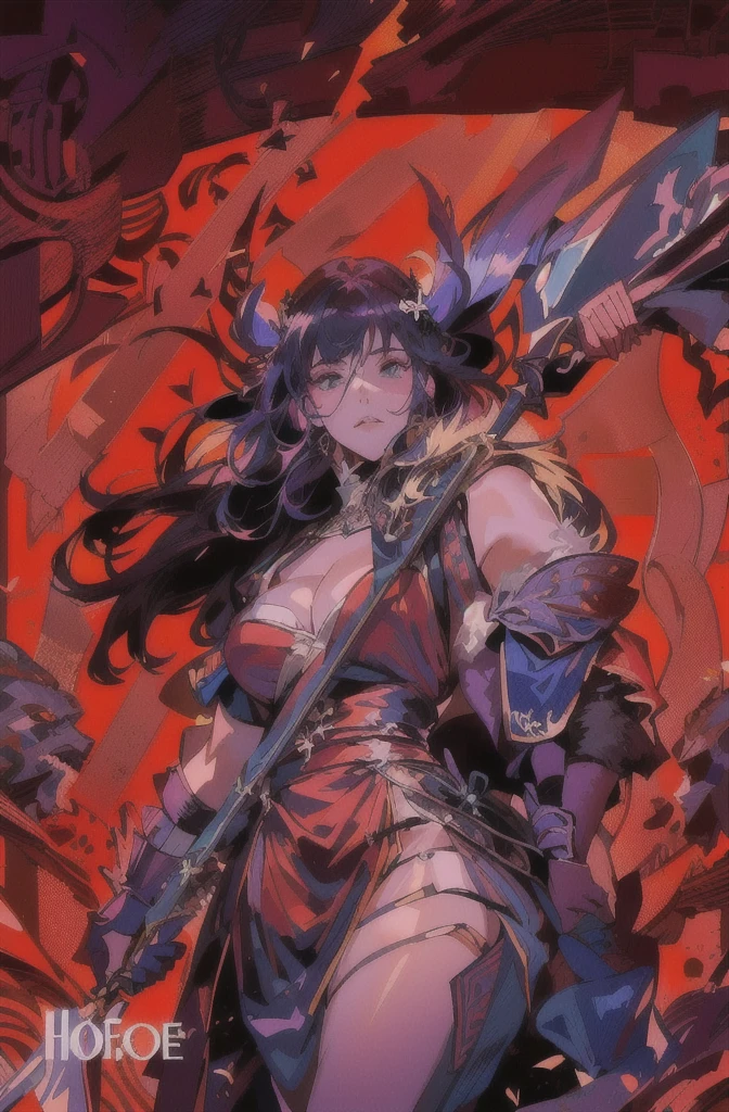 fille animée avec une hache et un démon sur le dos, A very beautiful berserker woman, stake, 6 milliards de démons style, style artistique de tueur de démons, Tieffelin, style artistique d'Culpable equipment, ils, Culpable equipment s'efforcer splash art, demoness, chasseurs de bataille, Déesse malefique, Hades Nyx, Hades Asterion, oeuvre officielle, Hades game, Jen Zee style, saturated colors, very bright colors, hades style