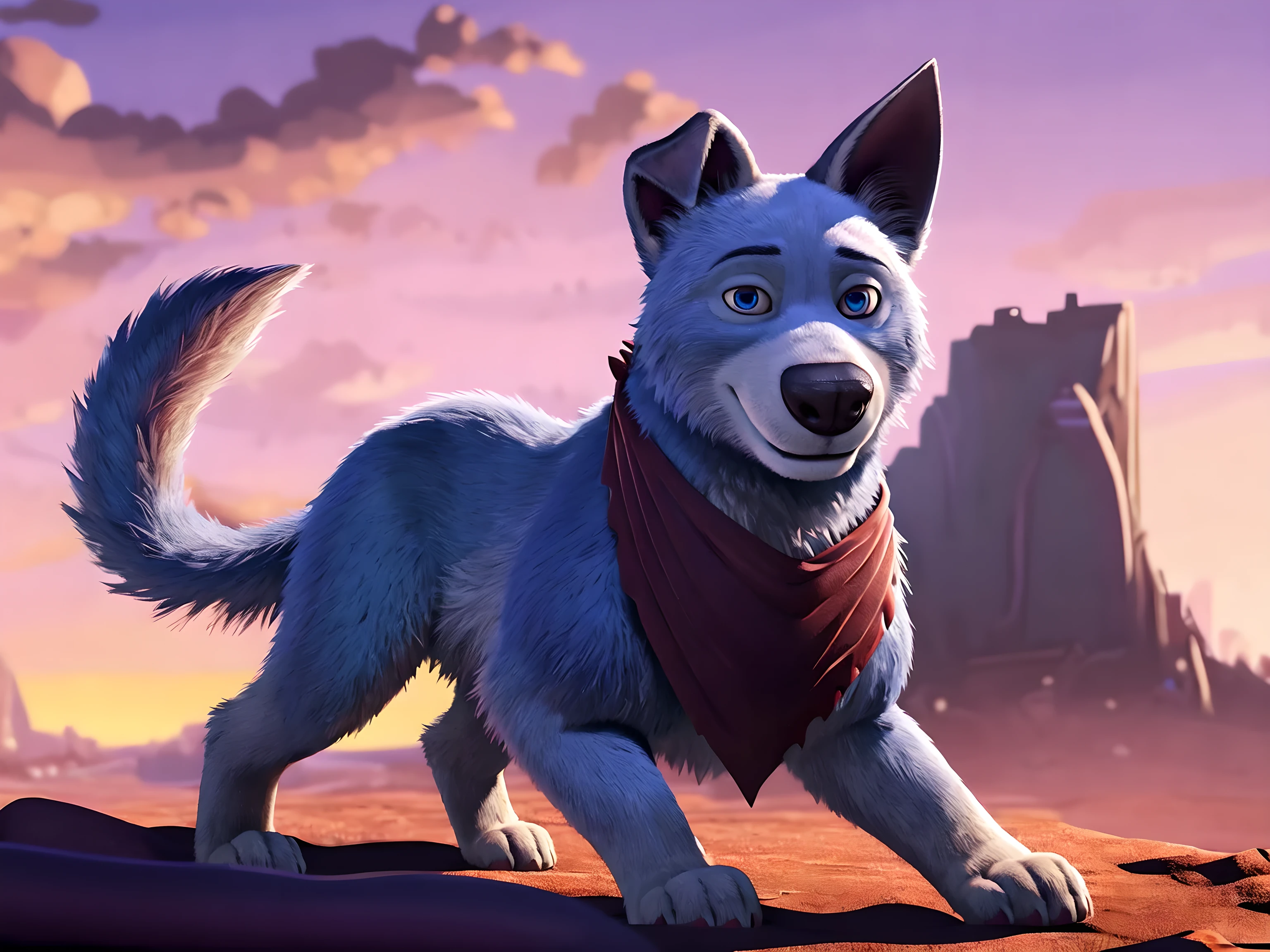 roger (pets united), solo, male, dog, feral, high quality, best resolution, blue fur, detailed fur, bandana, curious face, lowered eyebrow, folded ear, black around eye, smile, (by virtyalfobo, by taran fiddler):0.5, blue eyes, detailed eyes, glinting eyes, (white background, no background):1.5, full body:1.2, paws, beige paws