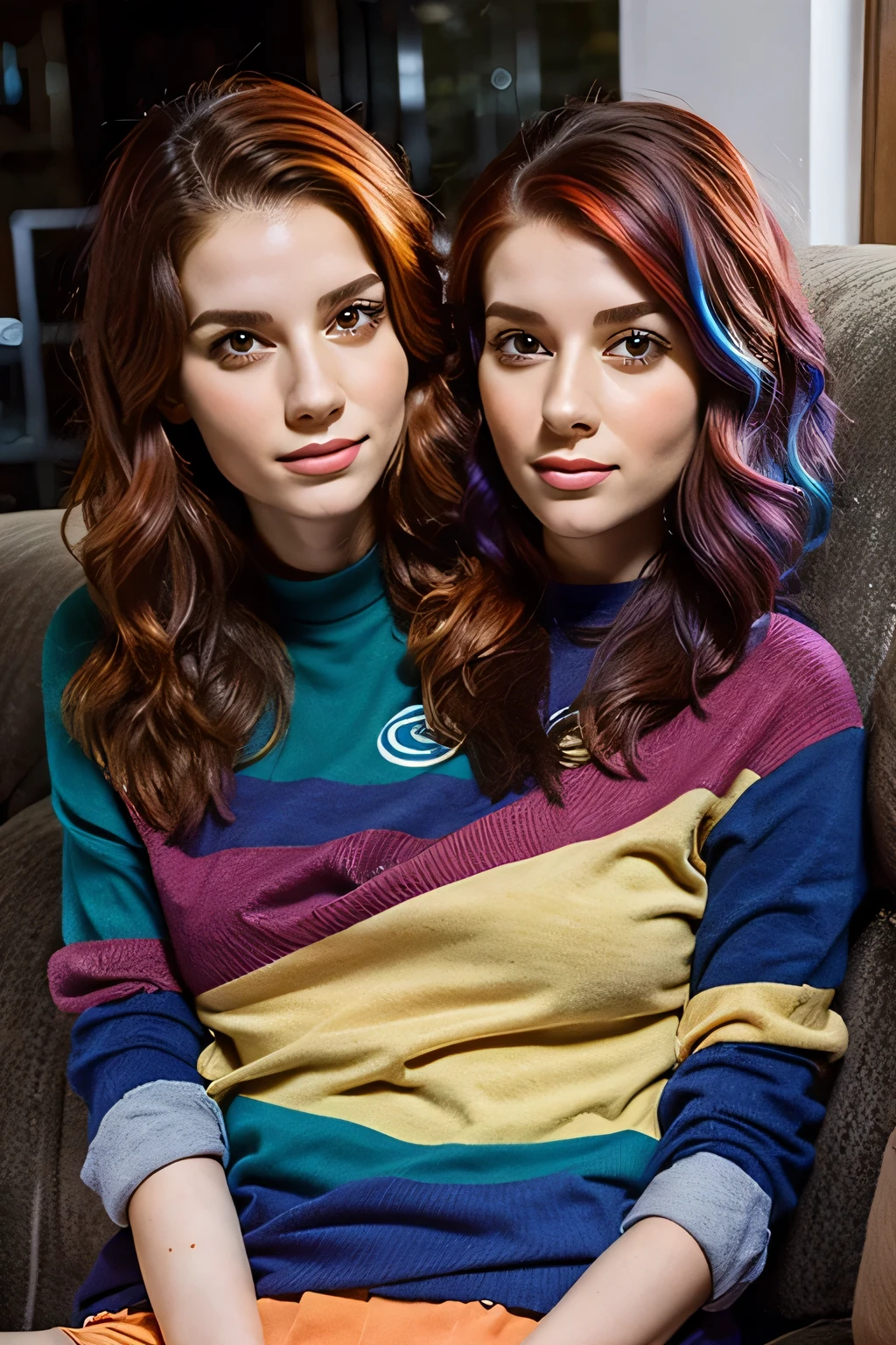 2heads, female couple, age 28, two heads on one body, conjoined, one torso, hipsters, multicolored hair, casual fashion, on the couch