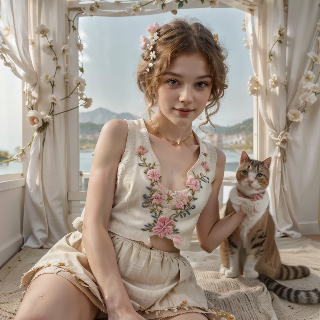 Masterpiece, Best quality, high resolution, realistic , hyperrealism , lifelike photography ,2024s fashion, , alluring full body shot, (curly blondish brunette long hair, blue beautiful eyes), white skin ,((( beautiful short cut naughty vest with flower embroidery mini skirt ))), beautiful golden necklaces & bracelets, elegant bearing, beautiful landscape background of a rose & lilac garden, high budget , beautiful mesmerizing face and small nose, long and curly sparkling hair , holding a beautiful orange stray cat , clivage , sunset , pink clouds , yellowish red rays at the horizon, elegant posing, beautiful legs, fit body, gorgeous Russian model is standing and naughty posing at the lagoon shores, back shot, side shot , front shot, blue lagoon , full body shot at the frame , naughty smile , deep cut chest style dress,(( very short skirt)) ,windy summer breeze , reasonable naked body parts, reasonable nudity ,((((cute cats sitting around her)))), naughty girl , very cute smile, bra and underwear is seen ,(( lingerie )) , 28 years old blonde attractive European model , very very long waving hair , spreaded legs,