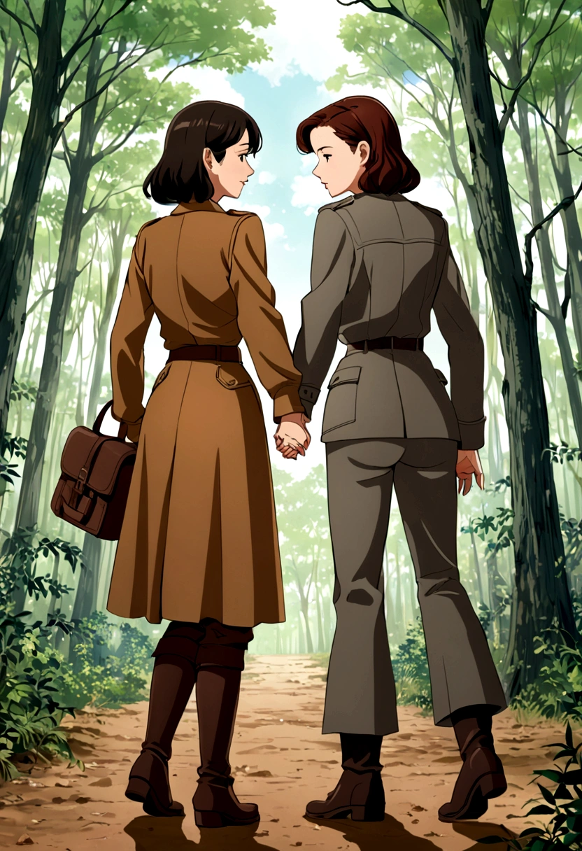 an anime illustration-style image in which two women in love are seen, sadly holding hands; One is a beautiful Asian woman with long, dark hair, who is dressed in a gray shirt and dark 40s style pants and dark boots, who is facing another beautiful woman with British features and brown hair who is wearing a set of Brown leather pants and jacket and a red shirt from the 40s. In the image you feel sadness, despair and uncertainty about the future of your love. They find themselves in a desolate forest next to a war jeep. At the bottom of the image the following phrase reads "I came to this world...because I don't want to lose you anymore" in a 40s style font