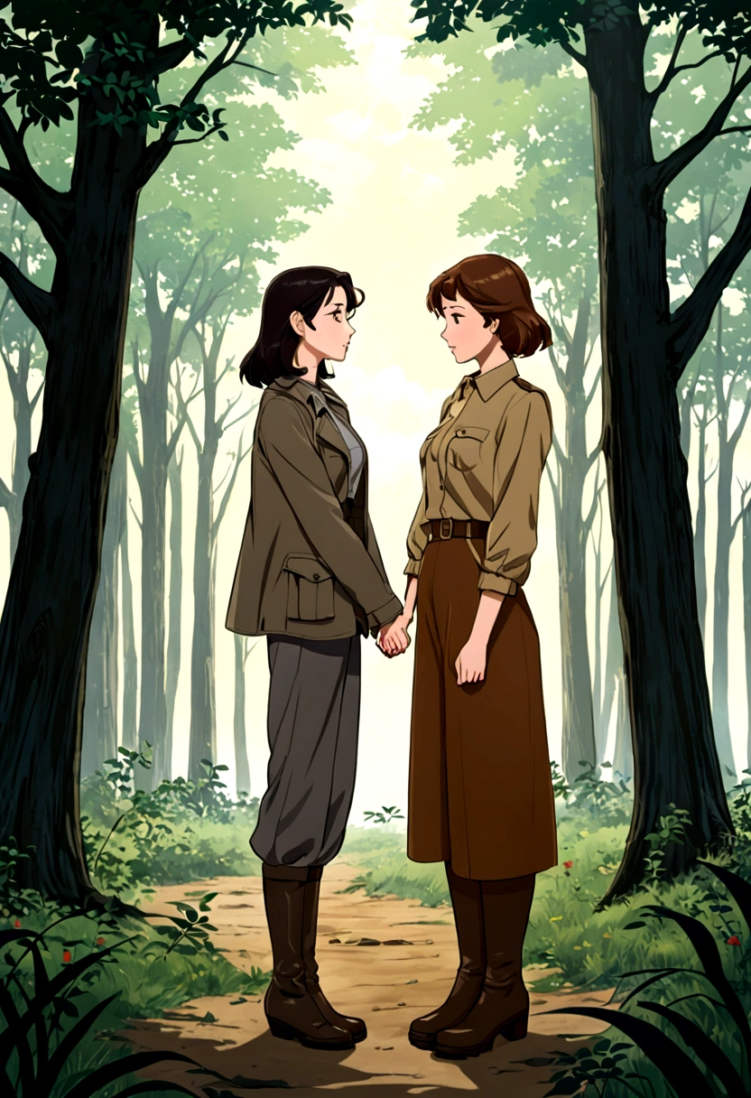 an anime illustration-style image in which two women in love are seen, sadly holding hands; One is a beautiful Asian woman with long, dark hair, who is dressed in a gray shirt and dark 40s style pants and dark boots, who is facing another beautiful woman with British features and brown hair who is wearing a set of Brown leather pants and jacket and a red shirt from the 40s. In the image you feel sadness, despair and uncertainty about the future of your love. They find themselves in a desolate forest next to a war jeep. At the bottom of the image the following phrase reads "I came to this world...because I don't want to lose you anymore" in a 40s style font
