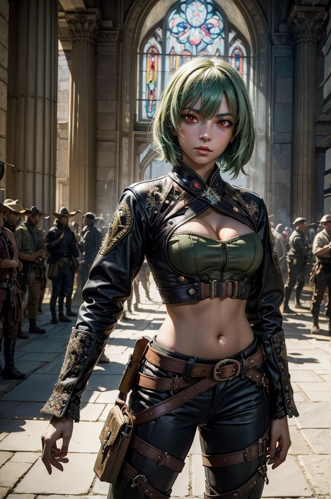 emeraldsustrai, emerald sustrai, short hair, (red eyes:1.5), green hair, dark skin, dark-skinned female, BREAK navel, cleavage, midriff, belt, cleavage cutout, chaps, fighting stance, BREAK outside palace, floor, marble pillars, tall stained glass windows, BREAK courtyard, large crowd, (((crowd in military dress))), (volumetric lighting), intricate details, tonemapping, sharp focus, hyper detailed, (cowboy shot:1.5), BREAK (masterpiece:1.2), best quality, high resolution, unity 8k wallpaper, (illustration:0.8), (beautiful detailed eyes:1.6), extremely detailed face, perfect lighting, extremely detailed CG, (perfect hands, perfect anatomy),