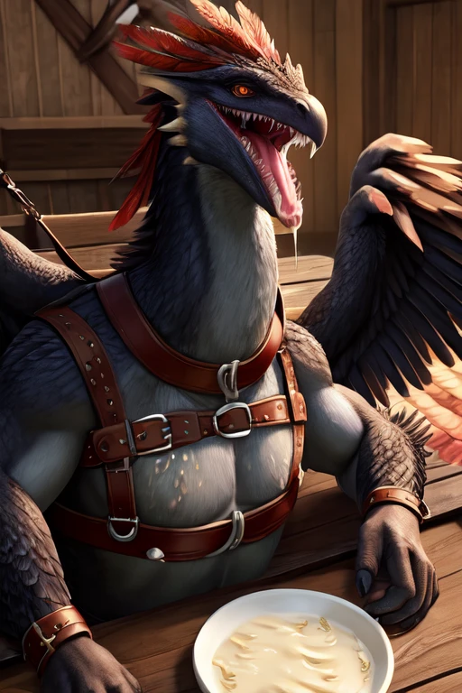 feathered wyvern body lying down on the table. Wings spread out and Strapped to the table with leather straps. Mouth wide open with no teeth and fangs and tooth. Milk dripping out of mouth splattering onto the table. Milk inside mouth. Photorealistic. Head tied down to the table. Leather harness on head