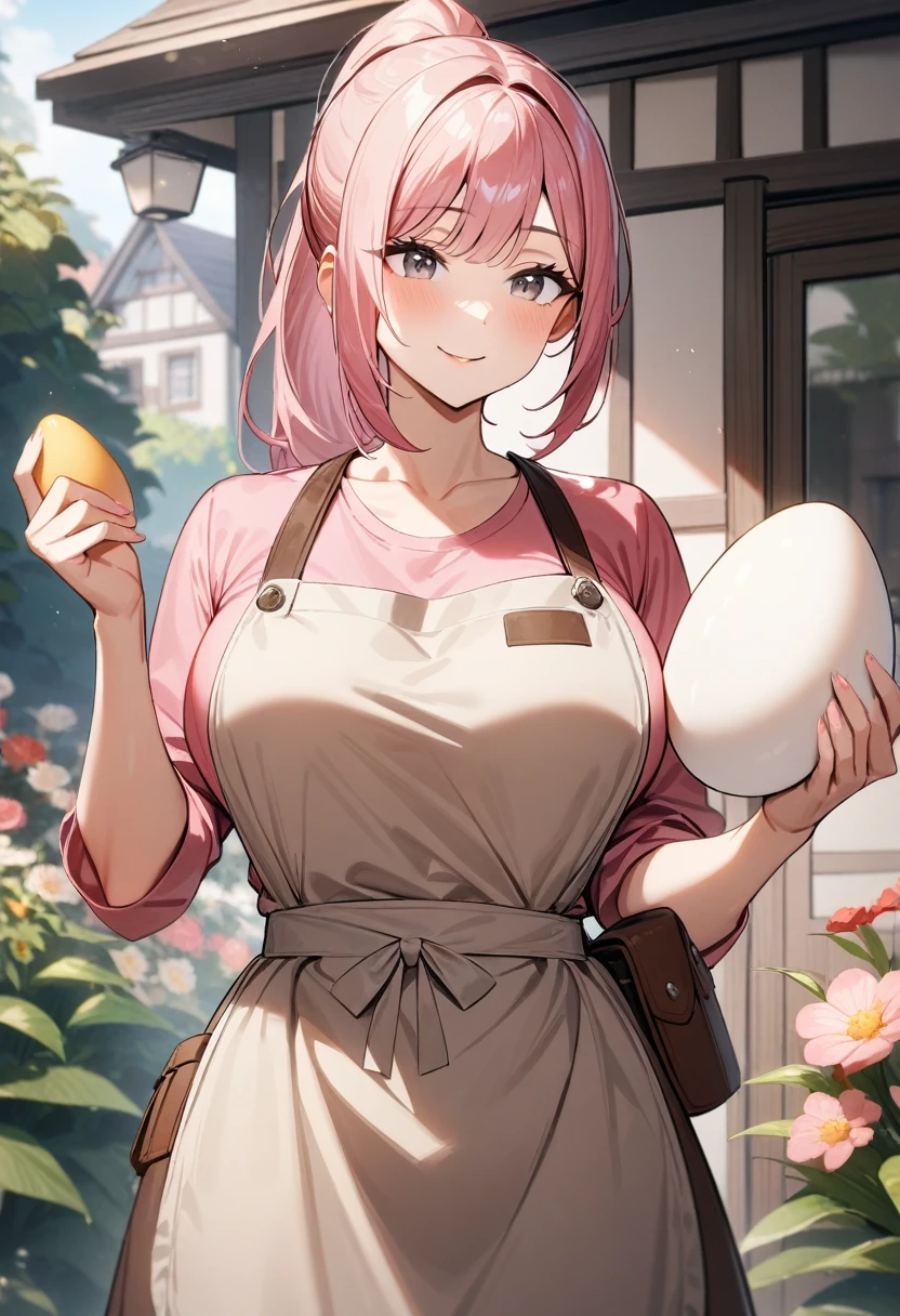 1girl, holding an egg, mature female, gentle smile, natural breasts, slick hair, messy bangs, pink hair, ponytail, gray eyes, pink shirt, apron, pouch, house garden, masterpiece quality, ultra HD, 4K, best quality, 