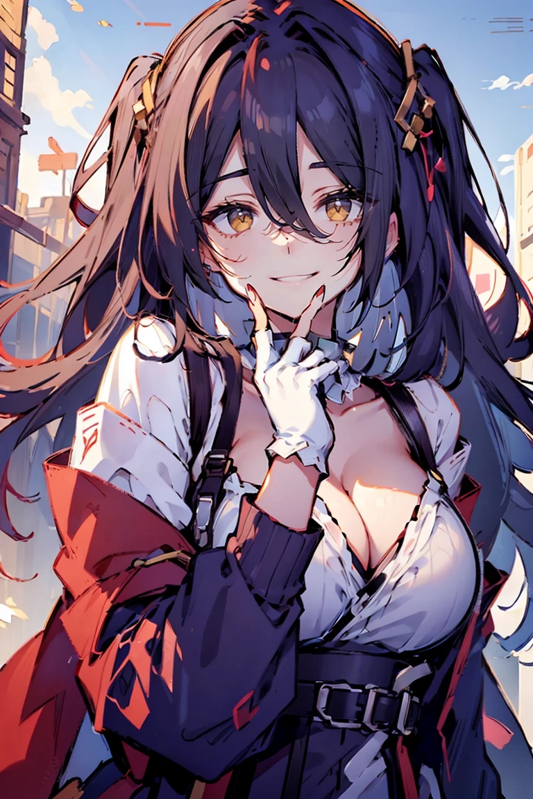 (masterpiece:1.2), (high quality:1.2), (hui xiyi:0.75), rekkyo sensen, rekkyou sensen, girls with((black hair, (tits cleavage:1.15), (waving is hands:1.2), (breasts close up:1.15), (suspenders:1.2), (dress:0.65), (blue clothes:1.05), (belts:0.7), (frills shirt:1.2), (white knit sweater:1.2), camisole, exposed breasts, straps, (cross:1.05), upper body, (both white gloves:1.2), (white gloves:1.2), (long wavy hair:1.2), (one side up:1.2), nun, long sleeves, (both hands:1.15), (perfect hands:1.05), (five fingers:1.05))), background with((fantasy world, ruin, castle, beautiful sky, shining sky, sunshine))