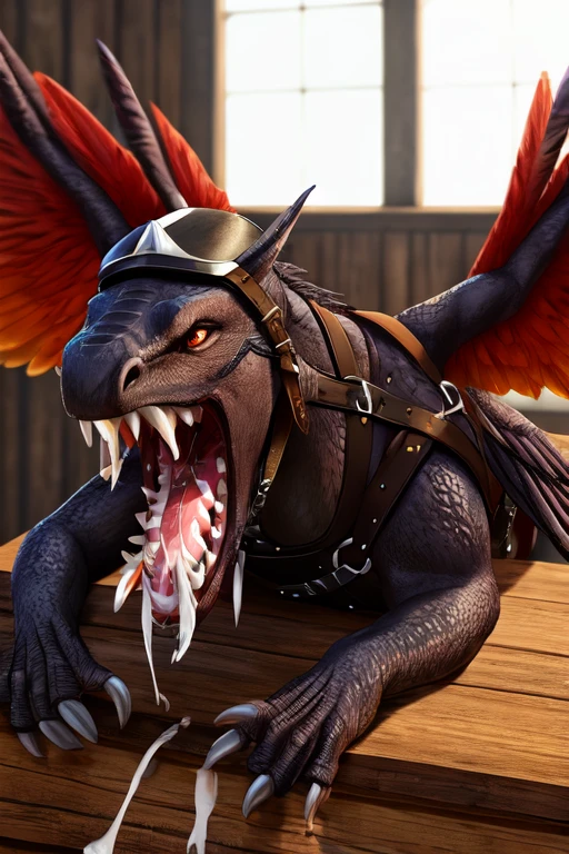 feathered wyvern body lying down on the table. Wings spread out and Strapped to the table with leather straps. Mouth wide open with no teeth and fangs and tooth. Milk dripping out of mouth splattering onto the table. Milk inside mouth. Photorealistic. Head tied down to the table. Leather harness on head