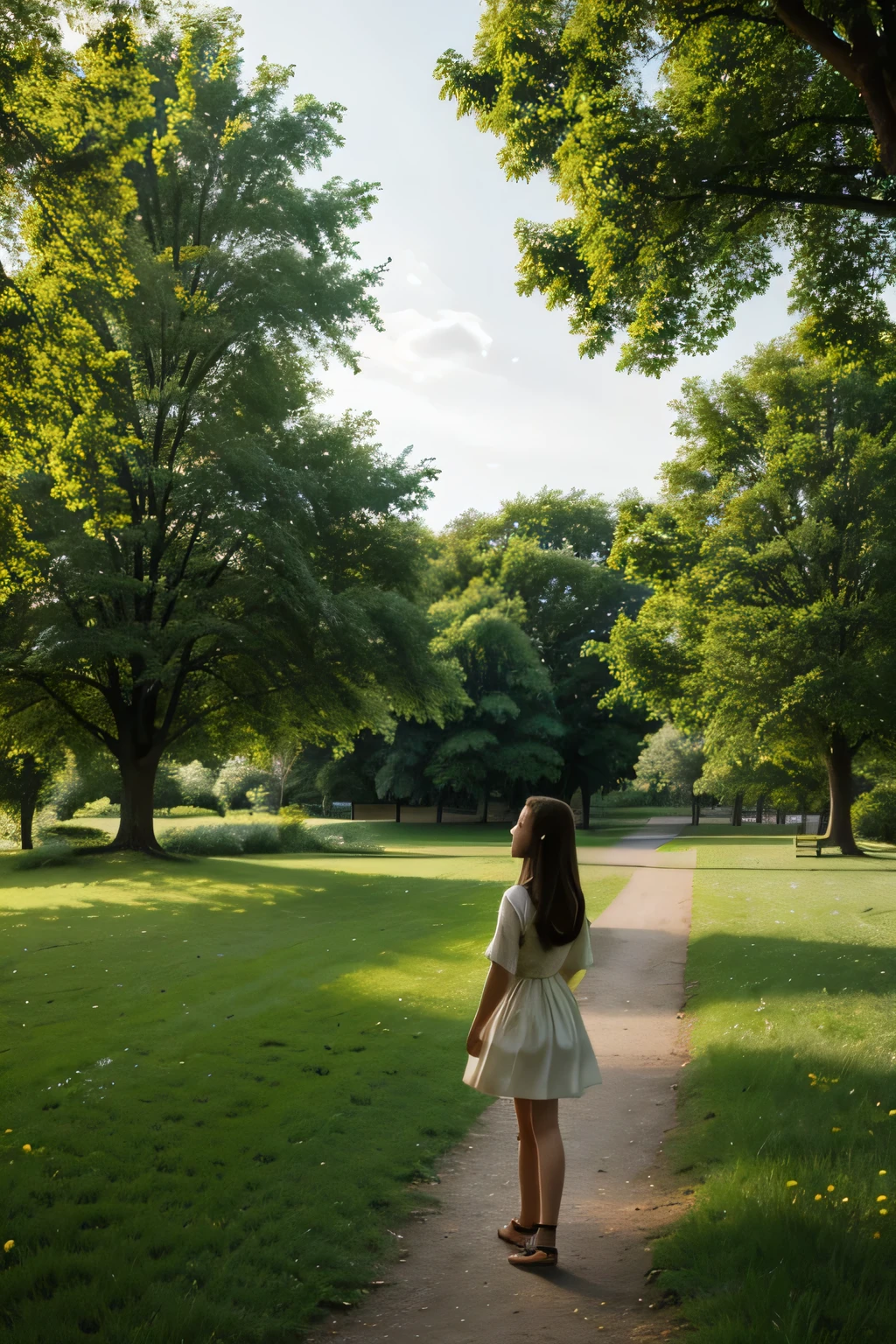 illustration beautiful clearing tree river lawn beautiful young girl next to the loppard