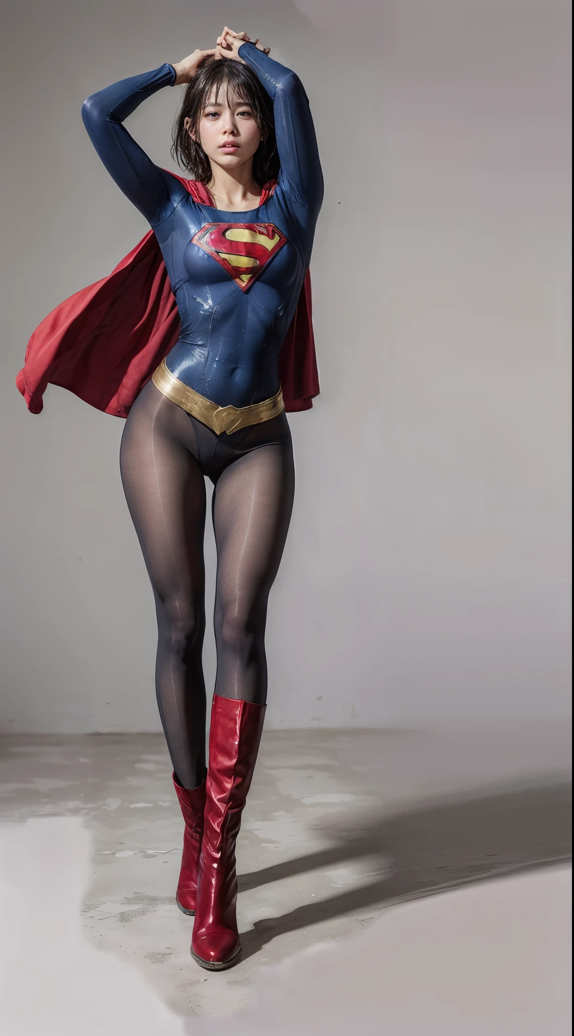 No background、extinct、She always has a troubled look on her face、Always close your eyes、Keep your arms up at all timesおく、Keep your arms up at all times、(((Beautiful legs in black tights.)))、(((Stretch your legs、expensive、あなたのsufferingを合法的に表現する)))、((((Make the most of your original images)))、(((Supergirl Costume)))、(((Beautiful short bob hair)))、(((suffering)))、(((Black tights legs、Wear red boots)))、((Best image quality、8k))、((Highest quality、8k、masterpiece:1.3))、(((Preserve background )))、Sharp focus:1.2、Beautiful woman with perfect figure:1.4、Slim Abs:1.2、Wet body:1.5、Highly detailed face and skin texture、8k
