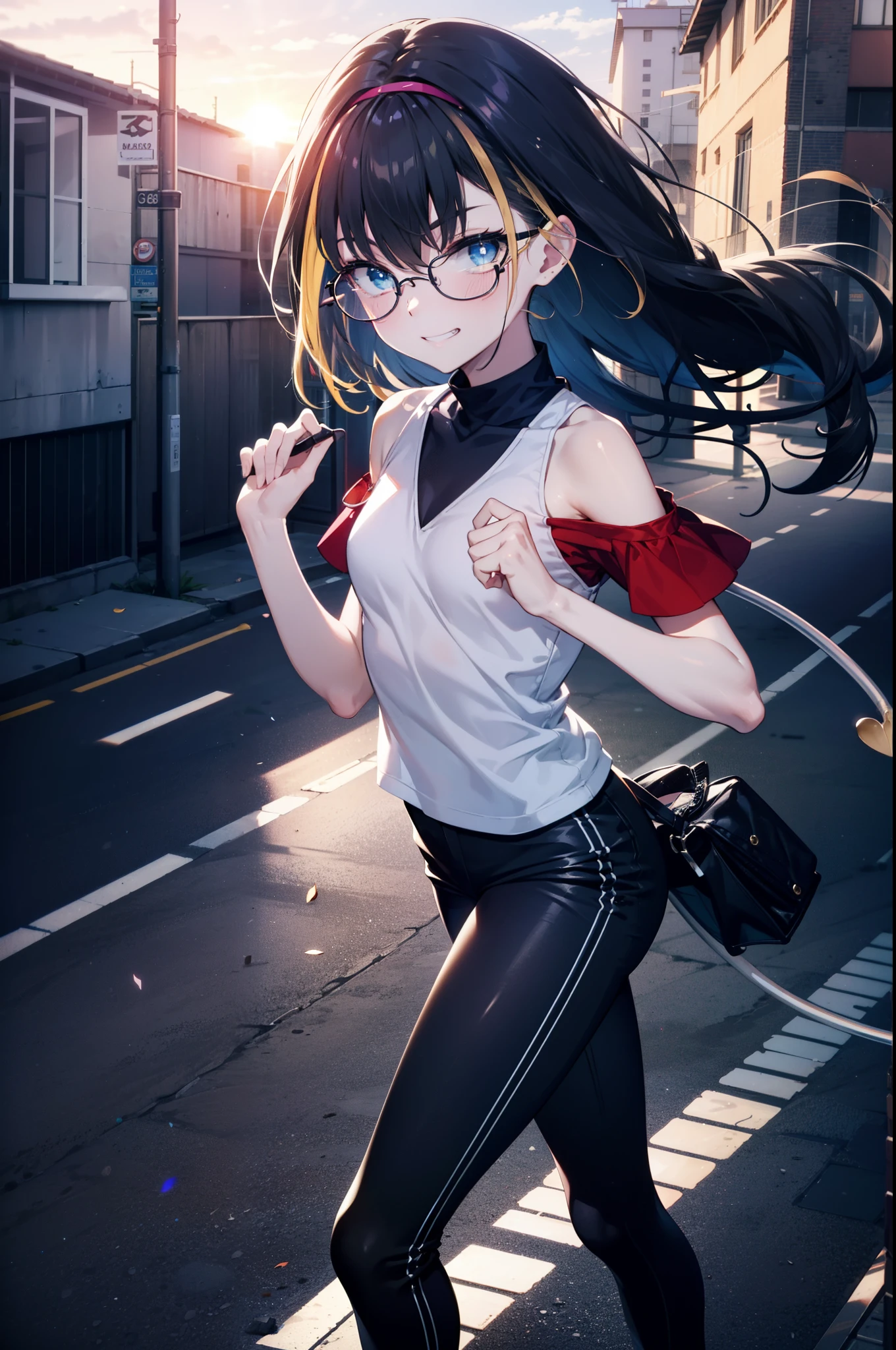 small, small, Black Hair, blue eyes, demon tail, hair band, Long Hair, mechanical tail, Multicolored Hair, tail, smile,Grin,tooth,Black-rimmed glasses,Cold shoulder tops,Short sleeve,skinny pants,Stiletto heels,morning,morning陽,The sun is rising,Walking,whole bodyがイラストに入るように,
break looking at viewer, whole body,
break outdoors,Building district,
break (masterpiece:1.2), Highest quality, High resolution, unity 8k wallpaper, (figure:0.8), (beautiful detailed eyes:1.6), extremely detailed face, Perfect lighting, extremely detailed CG, (Perfect hands, Perfect Anatomy),