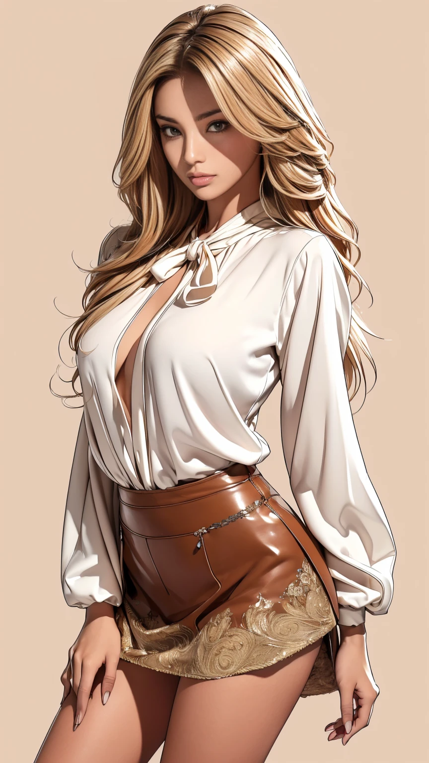 ((best quality,4k,highres,masterpiece:1.2)),((character concept art)), 1 female, teenage female, Gyaru high school girl, ((dyed brown or blonde long hair)), hair styled with lots of accessories, (tan skin colour), ultra finely detailed eyes (decorative contact lenses), fashionable, outgoing, socially active, slim body build, ((intricate detail)), super finely detailed hands, ultra finely detailed fingers(((ten fingers))), wearing high street luxury fashions style, silk blouse, leather skirt, designer handbag, statement jewelry, branded heels, heavy makeup, (standing casually), (full body showcase), (show full body), (no logos on background), (no logo), ((plain background)), ((plain background)), (((empty background)))