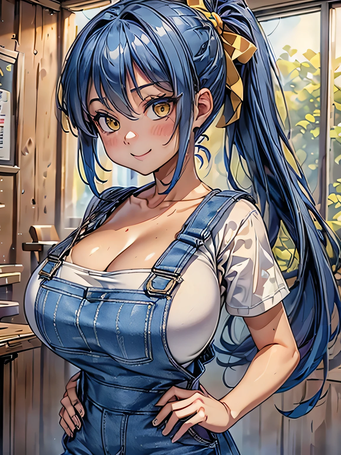 (((Highest quality、8k、masterpiece:1.5)))、(Slanted Eyes、Yellow Eyes、Blue Hair、Hair tied up in a ponytail on top of the head、(Big Breasts:1.2)、Denim overalls、))、((Perfect Anatomy))、whole body、smile、Look forward、Looking into the camera、Simple Background