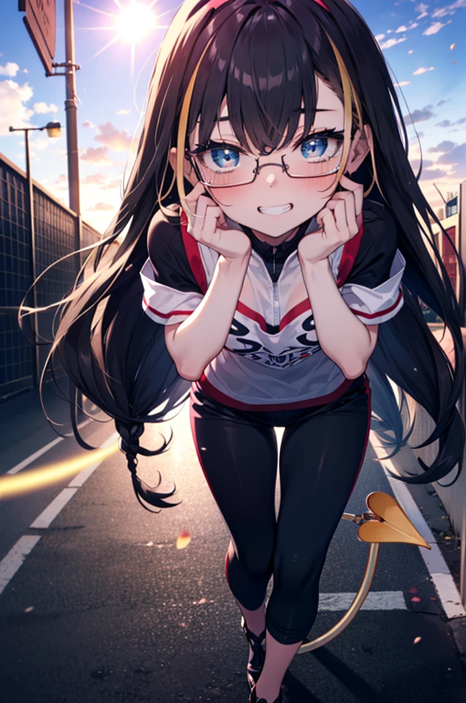 small, small, Black Hair, blue eyes, demon tail, hair band, Long Hair, mechanical tail, Multicolored Hair, tail, smile,Grin,tooth,Black-rimmed glasses,Cold shoulder tops,Short sleeve,skinny pants,Stiletto heels,morning,morning陽,The sun is rising,Walking,whole bodyがイラストに入るように,
break looking at viewer, whole body,
break outdoors,Building district,
break (masterpiece:1.2), Highest quality, High resolution, unity 8k wallpaper, (figure:0.8), (beautiful detailed eyes:1.6), extremely detailed face, Perfect lighting, extremely detailed CG, (Perfect hands, Perfect Anatomy),
