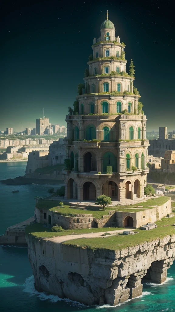 (Complex mini-city, locked on an island、Matera landscape), atmospheric greenish lighting, Realism, Granularity, super detail. 4k uhd, dark atmosphere, hyper detailed, Brightly colored greenish sky background, green sun, epic composition, Octane render, sharp focus, High resolution isometric, close up view.