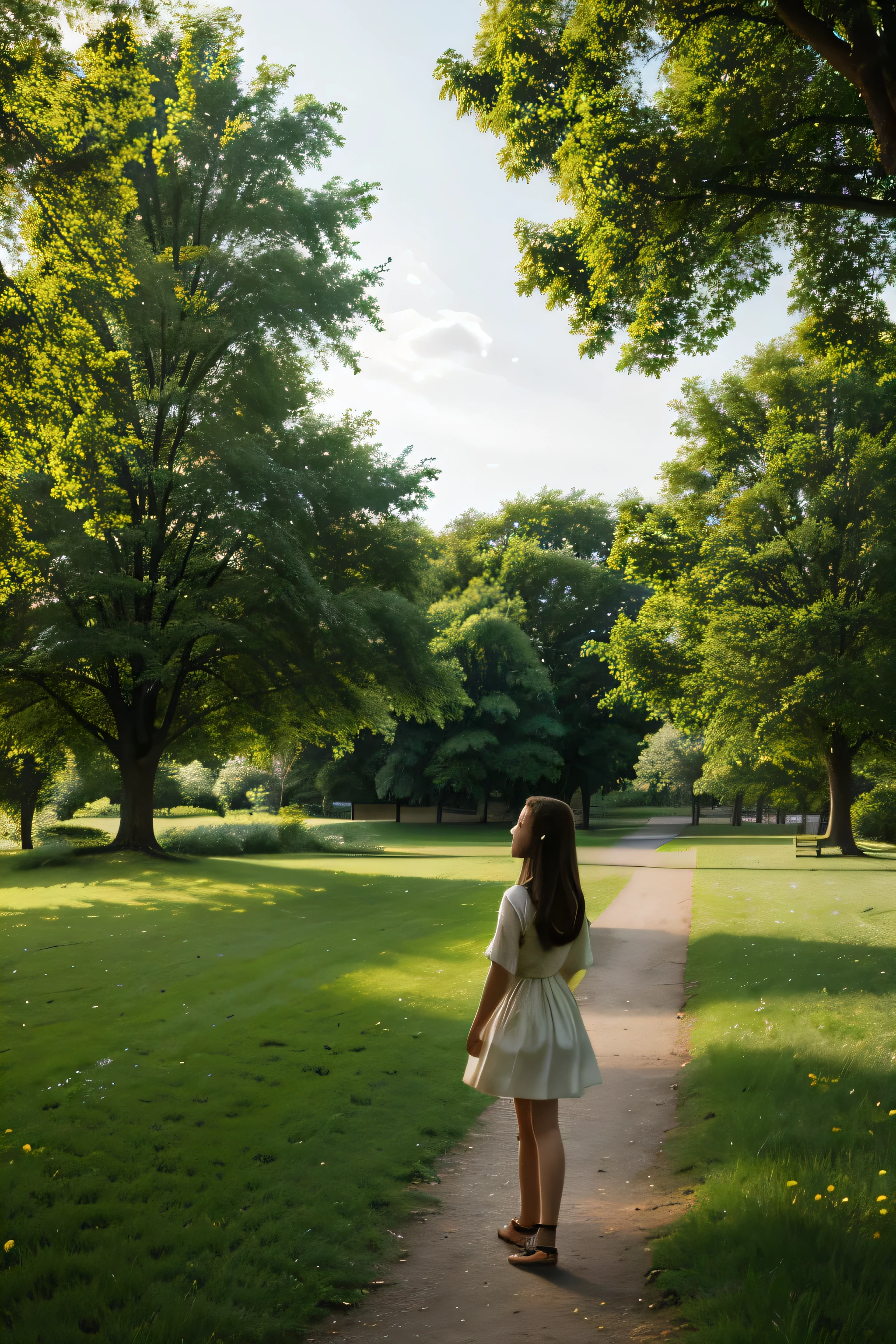 illustration beautiful clearing tree river lawn beautiful young girl next to the loppard