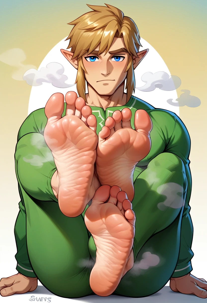 Link from Zelda games, detailed feet, ???????????, soles, toes, beautiful face, wrinkled soles, male feet, stinky feet, stink steam, blond hairs , beautiful blue eyes, big penis shape under clothes, sexy male character . Masterpiece, 4k, ultra detailed soles, ultra detailed face, beautiful hair, two feet, fives toes. plains background. UHD