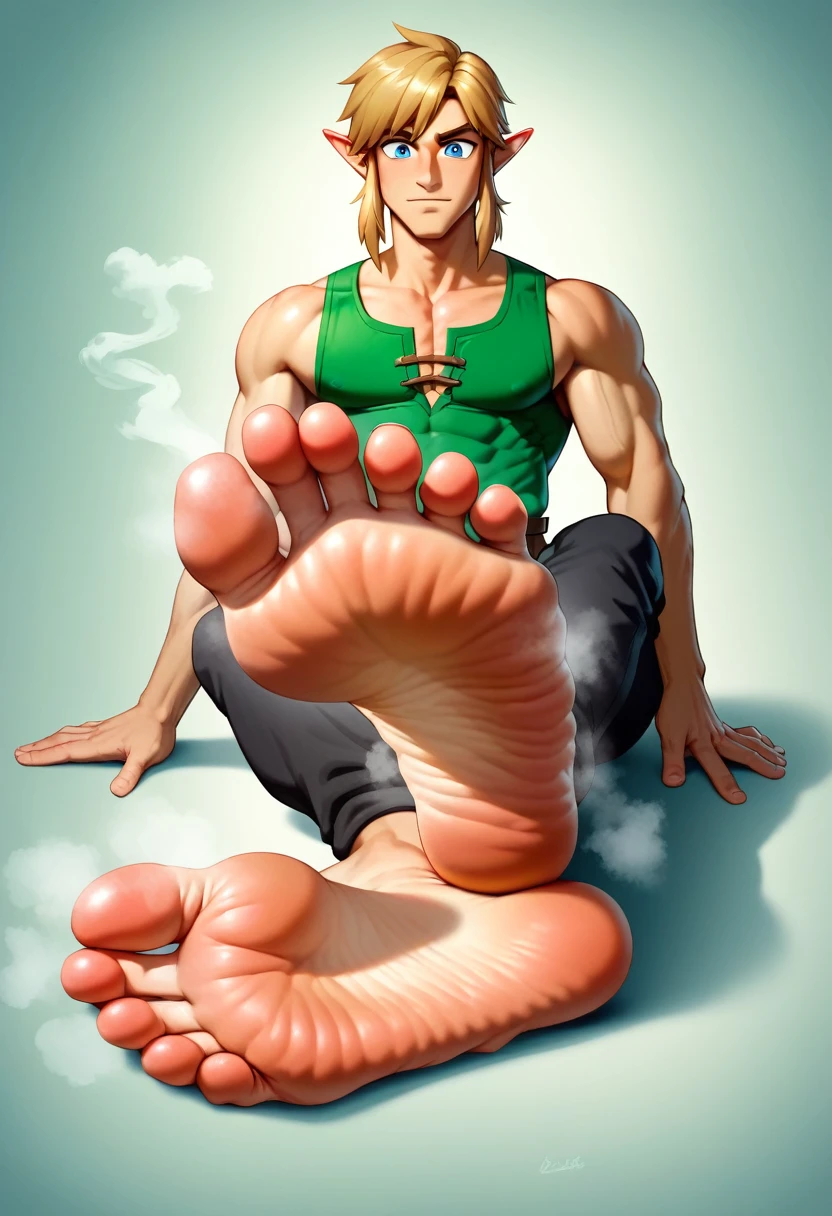 Link from Zelda games, detailed feet, foot fetish, soles, toes, beautiful face, wrinkled soles, male feet, stinky feet, stink steam, blond hairs , beautiful blue eyes, big penis shape under clothes, sexy male character . Masterpiece, 4k, ultra detailed soles, ultra detailed face, beautiful hair, two feet, fives toes. plains background. UHD