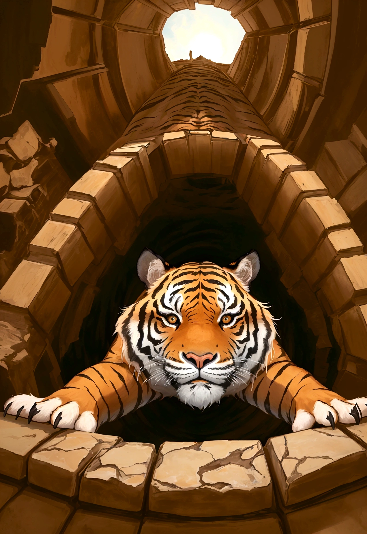 an image from the perspective of a tiger trapped in a pit, looking up. The viewpoint should be from the bottom of the pit, showing the tiger's gaze upward. Above the pit, there should be a man and a rabbit looking down at the tige