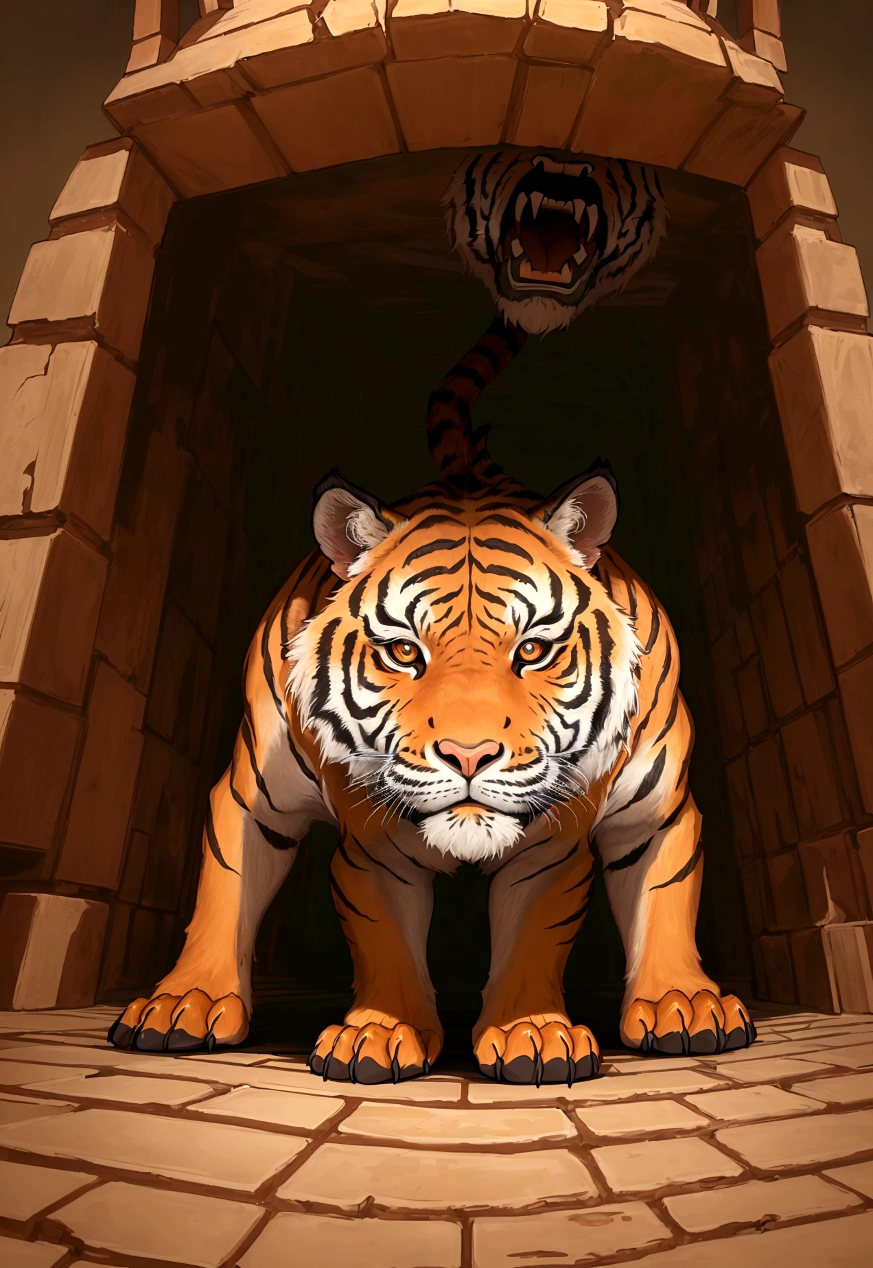 an image from the perspective of a tiger trapped in a pit, looking up. The viewpoint should be from the bottom of the pit, showing the tiger's gaze upward. Above the pit, there should be a man and a rabbit looking down at the tige