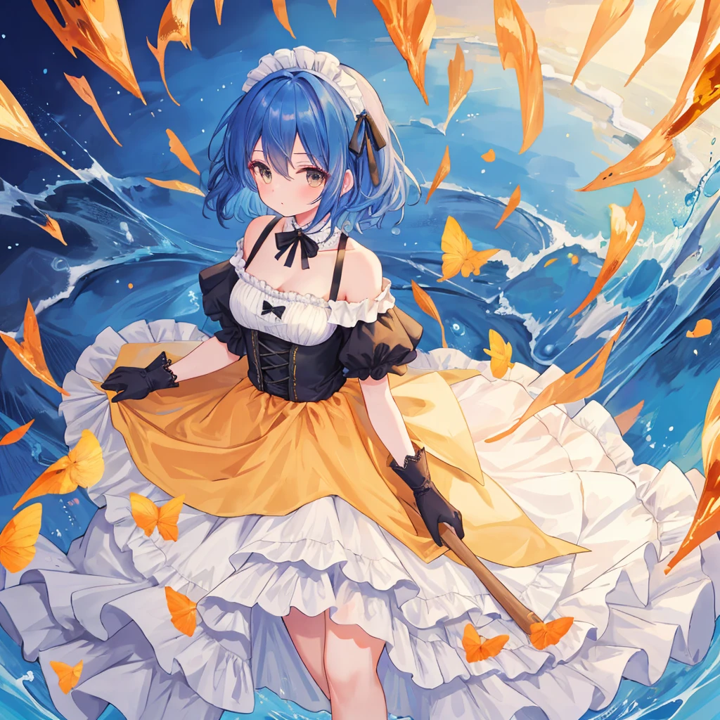 ((best quality)), ((masterpiece)), (detailed), 1girl, off-shoulder maid dress, tube top, laced long gloves, amber eyes, short blue hair, hair covers 1 eye,