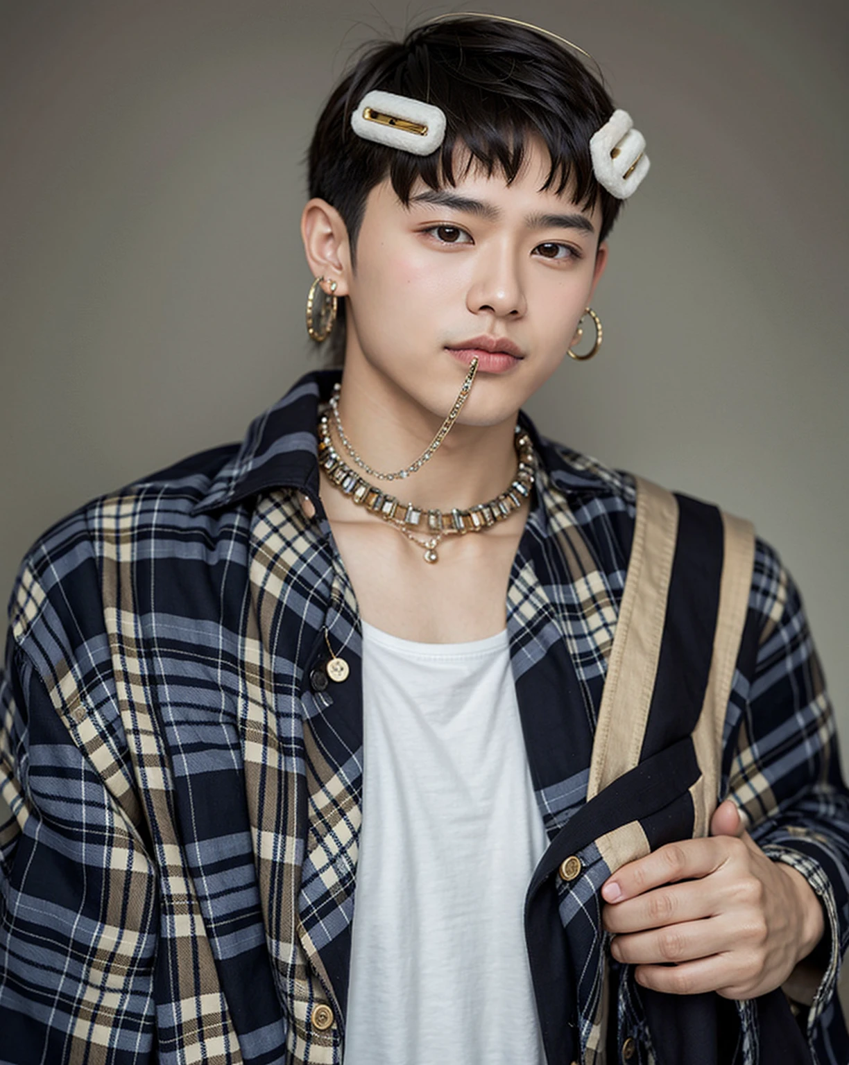 Asian boy, good lighting, smooth hair, glossy skin, blur background, high quality, 8k resolution, hairpin, necklace, earrings