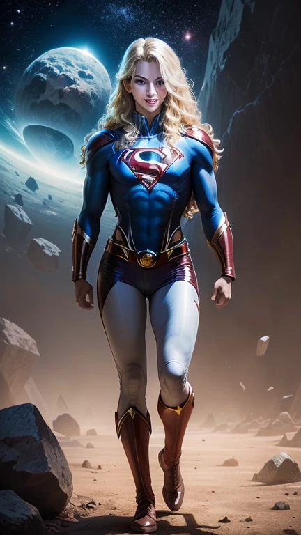 ((Full body view)), (Supergirl in outer space), (Lift a giant asteroid with your hands), (Complete DC Comics Female Super Heroes), external, Highlight your muscles and scars. The scenery is lush，Mystery, With the galaxy around you. The camera records everything in detail. ((she has blond hair, She has long hair)), (She has a confident smile, Hero Pose), ( His attitude is fearless), ( She has an arrogant personality).