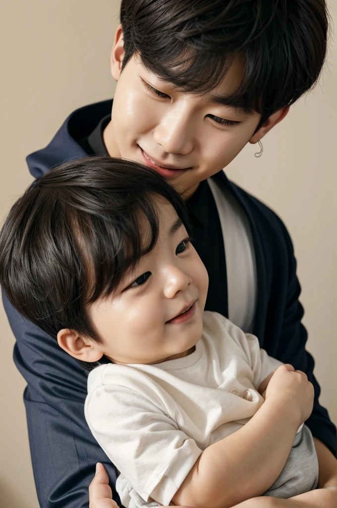 Kim Namjoon from BTS hugging a baby with features similar to Jeon Jungkook 