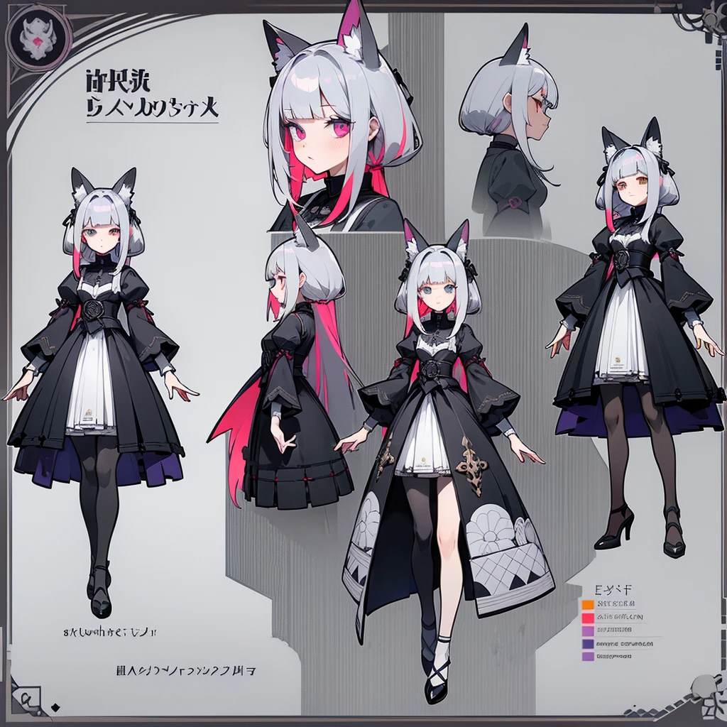 ((Masterpiece, Highest quality)), Detailed face, Character Design Sheet, full body, Full of details, Multiple poses and expressions, Highly detailed, Depth, Many parts, , black stockings, wearing high heels, working woman, silver hair, romanticism, red right eye, silver left eye, many leather parts, high fashion outfit, designed by world famous stylist, many lace, many black and white diamonds ornament, light clear eyes, heterochromia eyes, very detailed eyes, super detailed face, straight hairstyle, straight bangs, blunt bangs, straight silky glossy hair, red, shapes of rose ashes colour, gray+violet, rose+gray colours
(((Long straight hair))) (((no hairstyles, just straight hair without a single wave)))(((straight bangs)))(((japan strict long hairstyle with bangs)))(((silver bangs)))