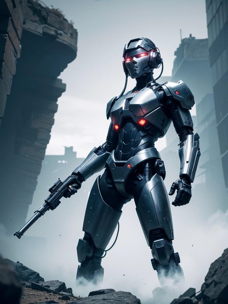 (extremely detailed 8k wallpaper), standing in the center of the photo is a cyborg killer, difficult, high detail, Dramatic