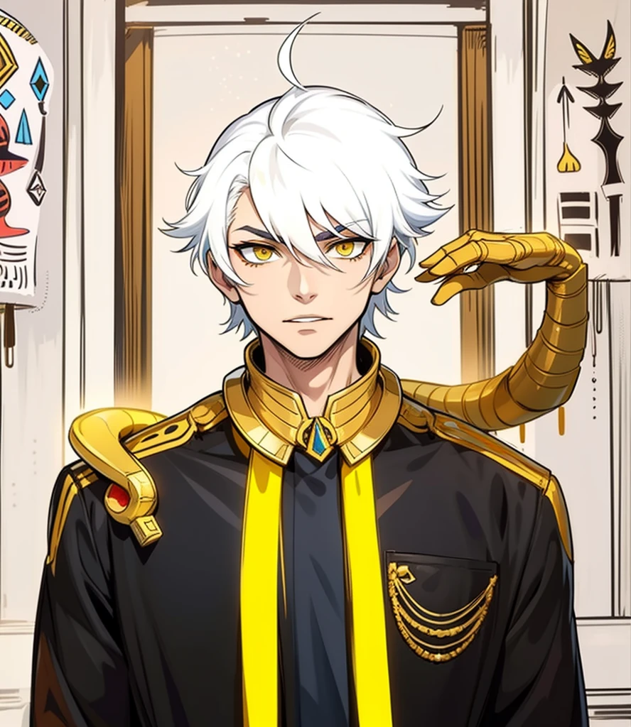 There are 5 Egyptian gods, one of them is intimidating. They have a youthful appearance of , white hair, big yellow eyes, they have golden jewelry, black and yellow clothes.